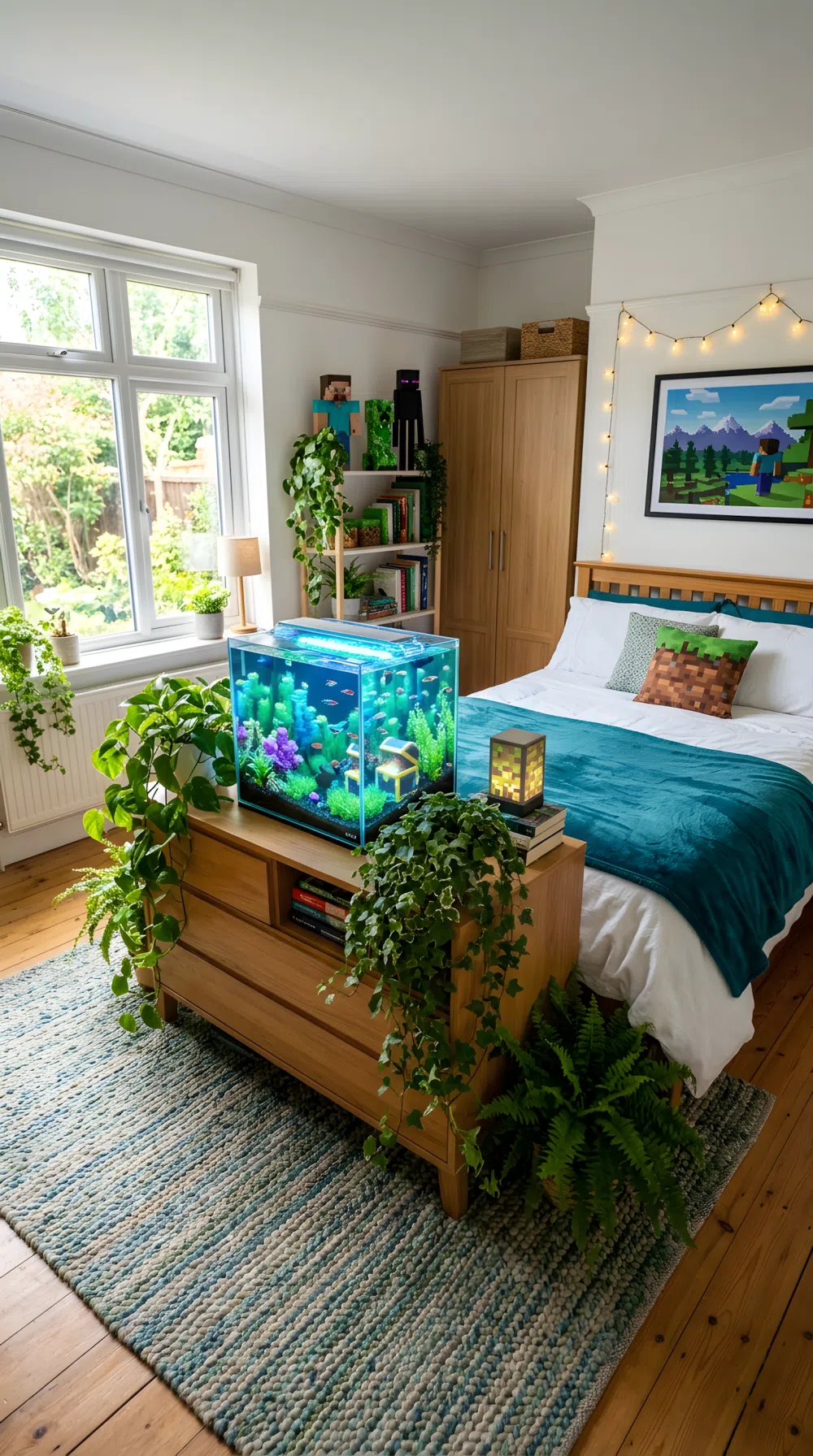 A wide-angle real-life photo of a bedroom with a small glowing aquarium placed on a low wooden dresser near the bed, trailing plants surrounding the dresser, soft rug beneath, Minecraft blocky voxel-inspired decor accents nearby, bright natural light from a window, neatly made bed, clean organized full room shot, photographic stock photo style, vibrant blue and green tones.