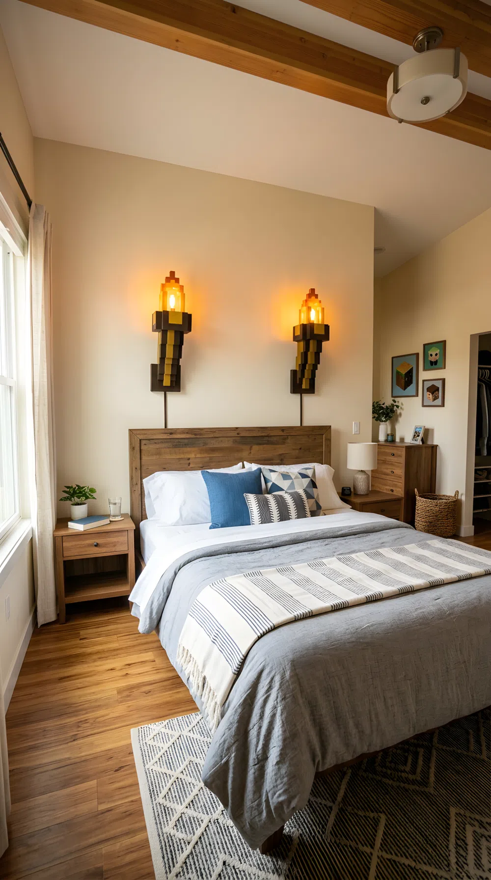 A wide-angle real-life photo of a bedroom with two Minecraft-inspired torch sconces mounted at eye level on either side of a headboard, warm amber bulbs, blocky voxel-inspired sconce design, neatly made bed centered beneath the lights, bright balanced glow illuminating the headboard wall, clean organized full room shot, photographic stock photo style, vibrant warm amber tones.