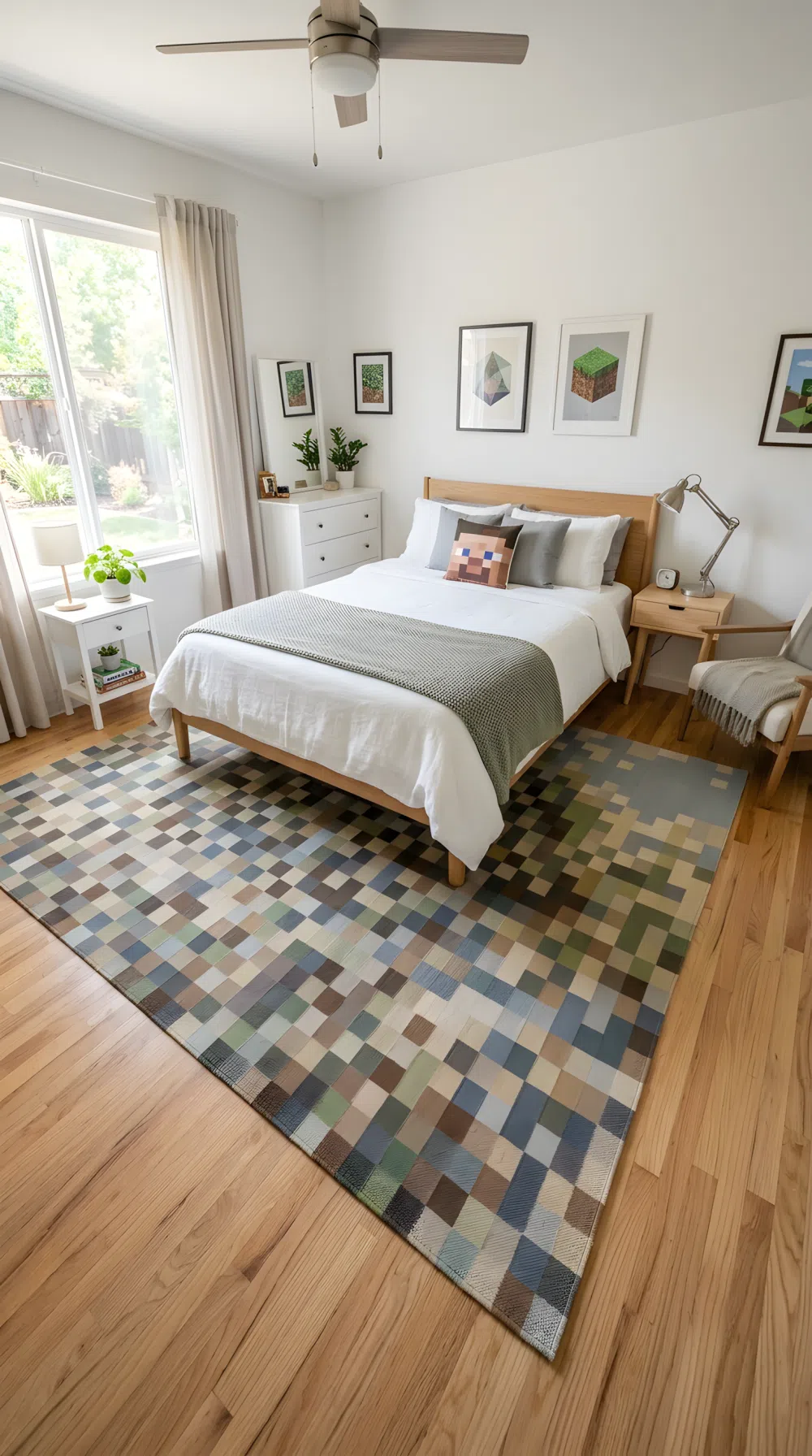 A wide-angle real-life photo of a bedroom with a geometric pixelated area rug in muted Minecraft blocky voxel-inspired block pattern, centered beneath the bed frame extending past both sides, neatly made bed, light wood flooring visible around the rug edges, bright natural light from a window, clean organized full room shot, photographic stock photo style, soft vibrant tones.