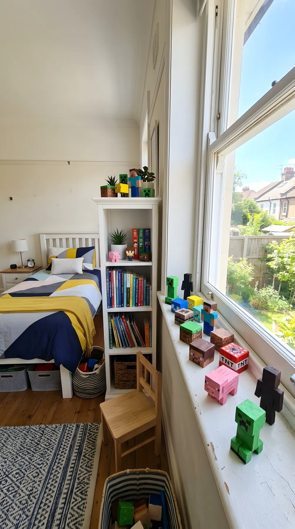 A wide-angle real-life photo of a bedroom windowsill and bookshelf displaying small handmade paper mache decor pieces shaped like Minecraft blocky voxel-inspired cubes and character silhouettes painted in flat matte block colors, bright natural light from the window, neatly made bed visible in background, clean organized full room shot, photographic stock photo style, vibrant colors.
