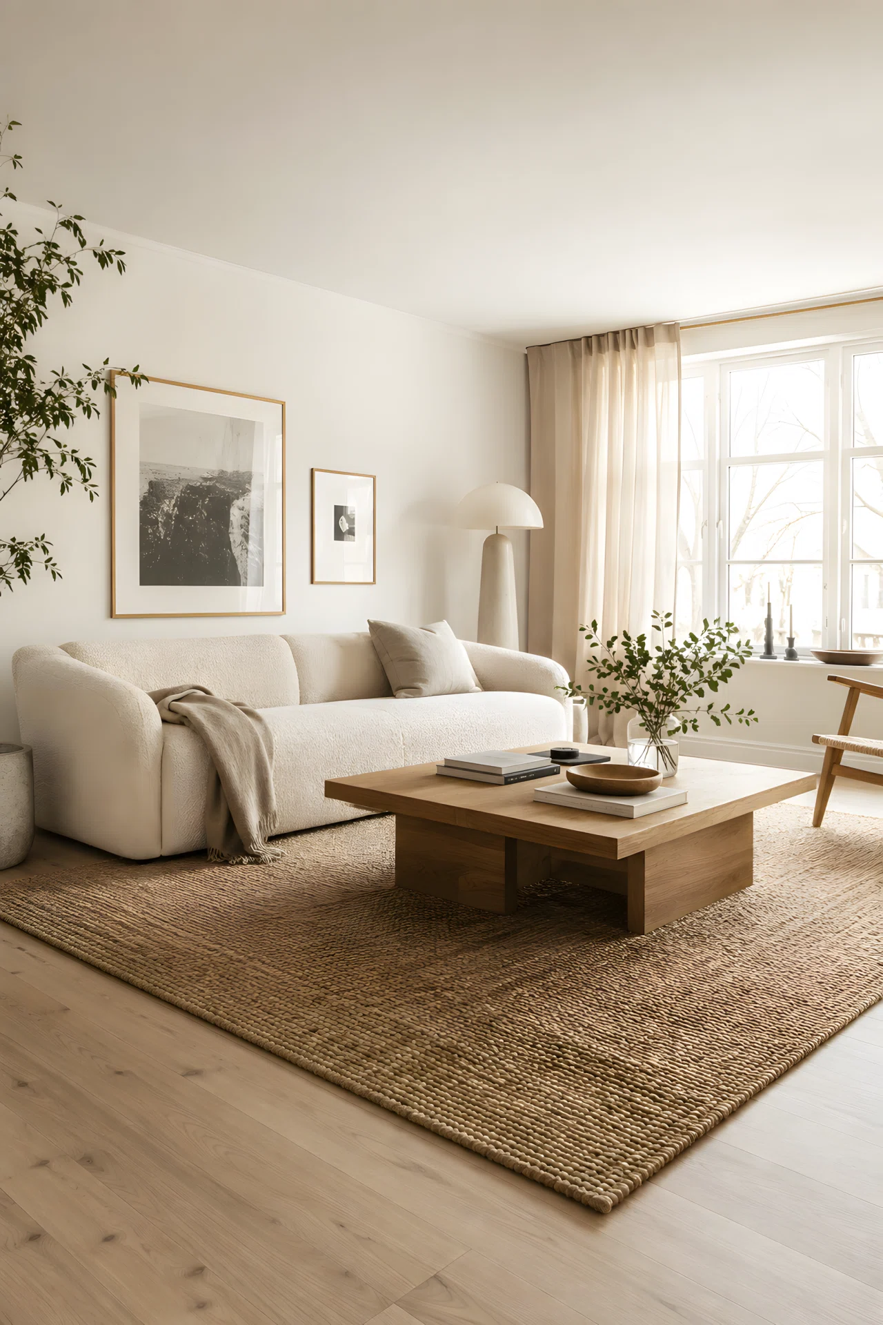 Wide-angle photography of a Scandinavian minimalist living room, shot from a low dramatic angle showing the full room. Light oak coffee table, cream boucle sofa, single sculptural ceramic floor lamp, pale linen curtains, bright natural daylight from a large window, warm inviting stock-photo realism, vibrant true-to-life colors, editorial interior photography, no illustration.