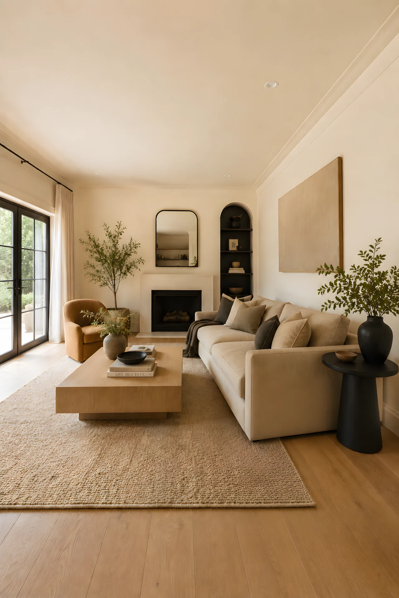 Wide dramatic angle photograph of a full living room with warm neutral palette walls in creamy white (RGB 240, 230, 217), sand-toned sofa (RGB 210, 189, 155), camel accent chair (RGB 193, 154, 107), matte black side table accents, light oak flooring, soft daylight, vibrant realistic stock photography, no 3D render, no illustration.