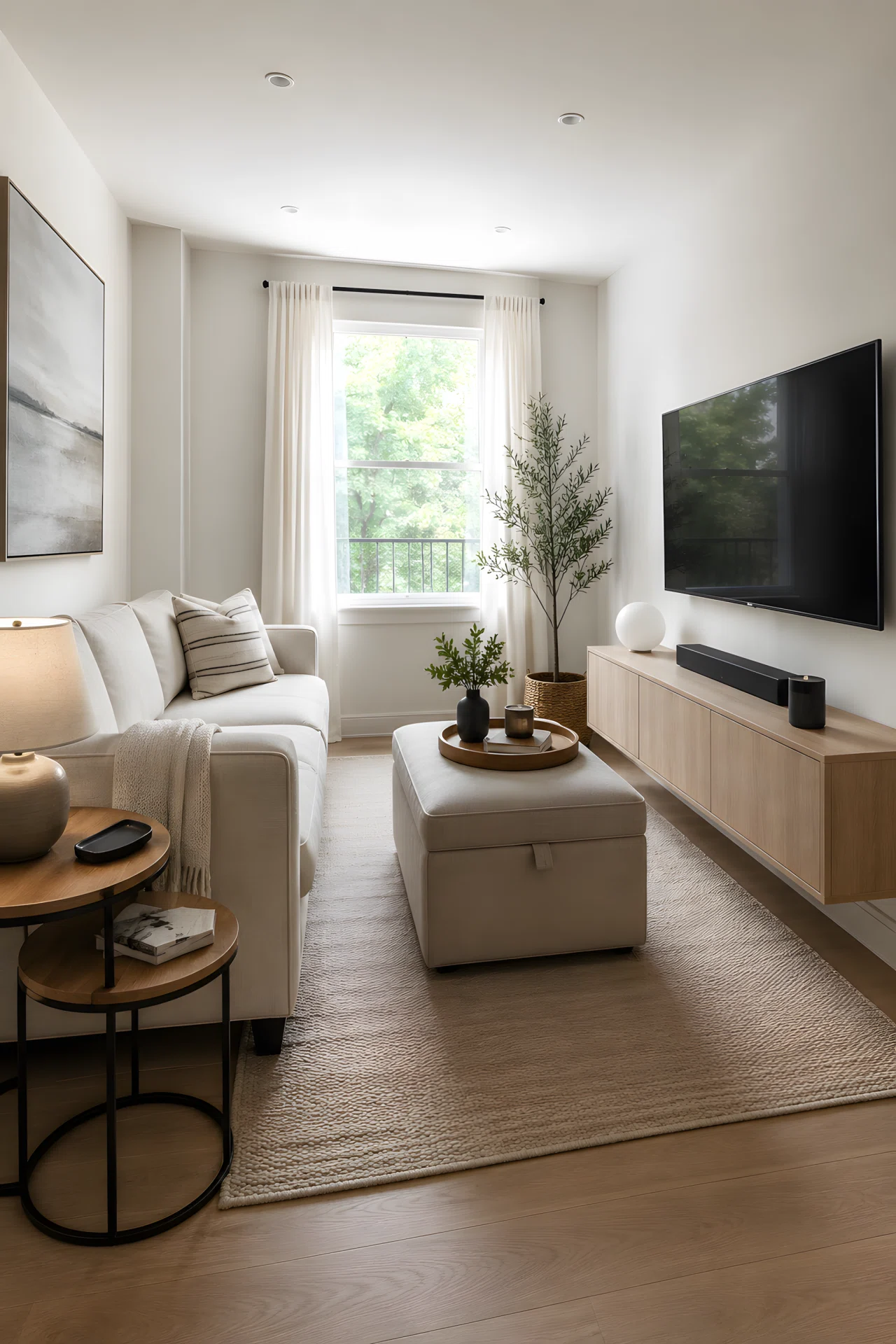 Wide-angle full-room photograph of a compact minimalist living room, storage ottoman doubling as coffee table, nesting side tables, slim console with hidden compartments, light neutral tones, bright natural window light, dramatic wide camera perspective showing full room layout, vibrant realistic stock photography style.