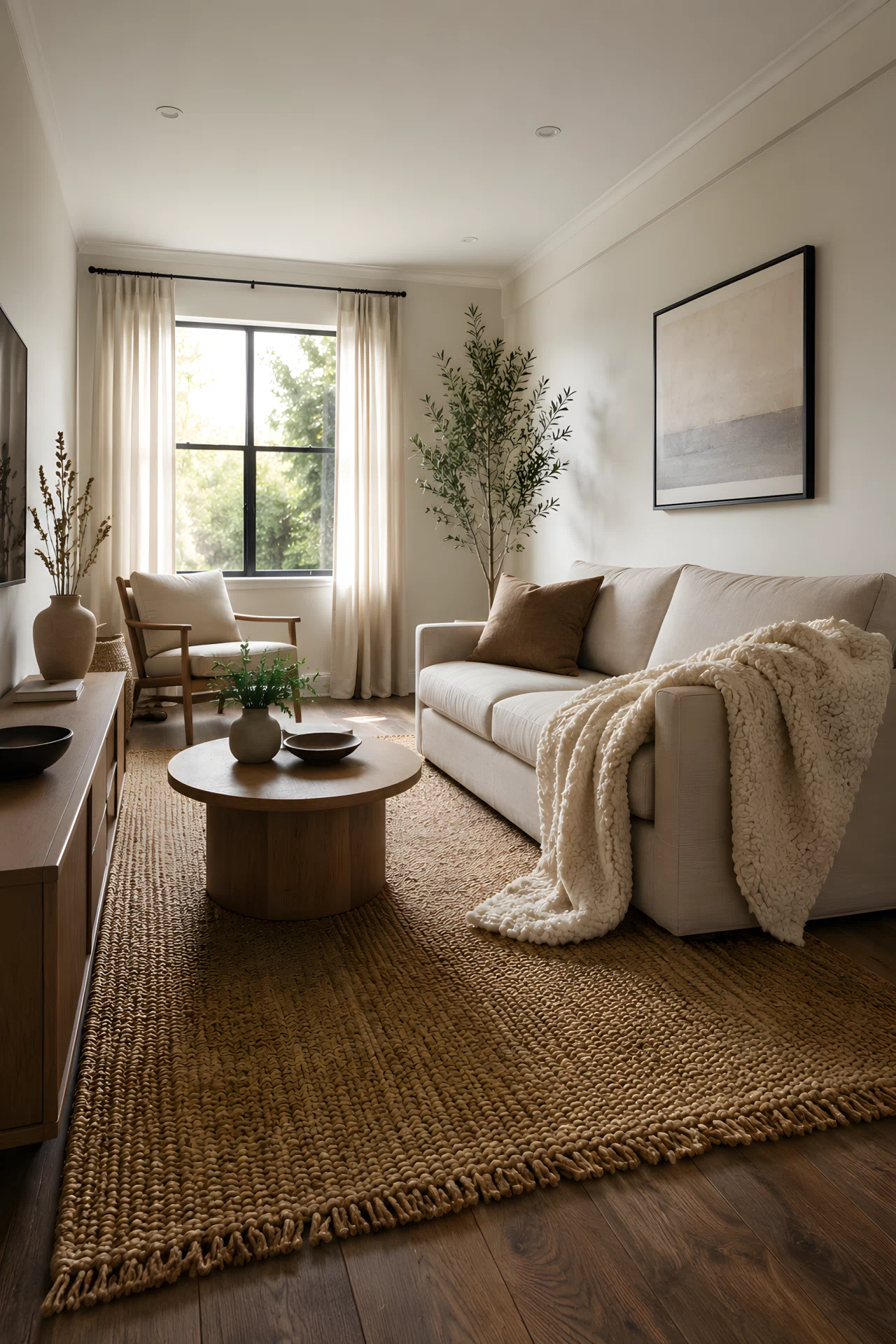 Wide-angle photograph of a cozy minimalist living room, boucle throw draped over a linen sofa, woven jute rug, one accent cushion, muted neutral palette, full room visible from a dramatic low wide camera angle, bright natural light, vibrant stock-photo realism.