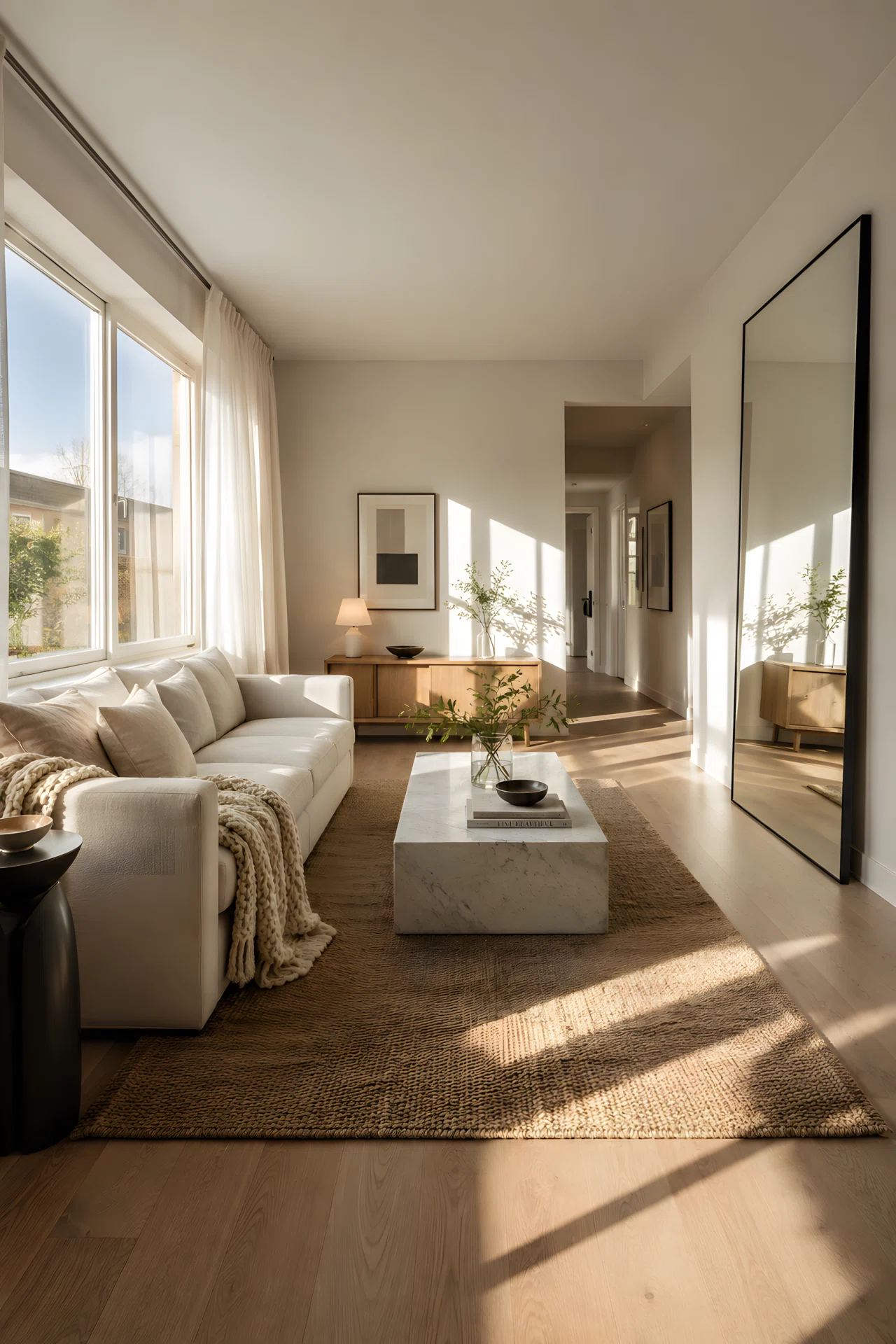 Wide-angle full-room photograph of a minimalist living room, sofa positioned beside a large window, sheer white curtains, large mirror mounted on the opposite wall reflecting daylight deeper into the room, sunlight streaming across the floor emphasizing light direction and depth, dramatic wide camera angle, vibrant realistic stock photography.