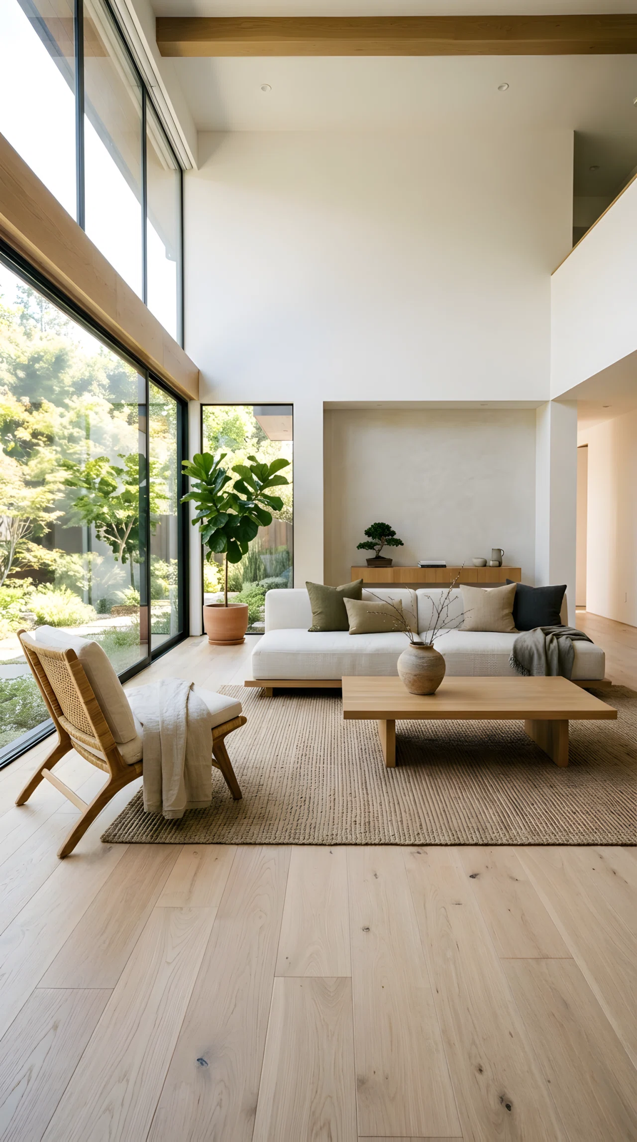 Wide-angle full-room photograph of a Japandi minimalist living room, low platform sofa, natural rattan accent chair, unfinished light wood grain flooring, single handmade ceramic vase on a low table, dramatic wide camera perspective, bright natural daylight, vibrant realistic stock photography, no illustration.