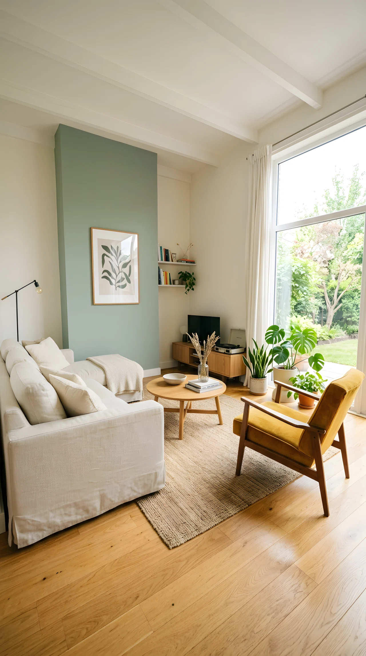 Wide-angle photograph of a budget-friendly minimalist living room, cream slipcovered sofa, one accent wall in soft muted paint, a single vintage thrifted armchair as standout piece, full room visible from a low dramatic camera angle, bright natural window light, vibrant realistic stock photography.