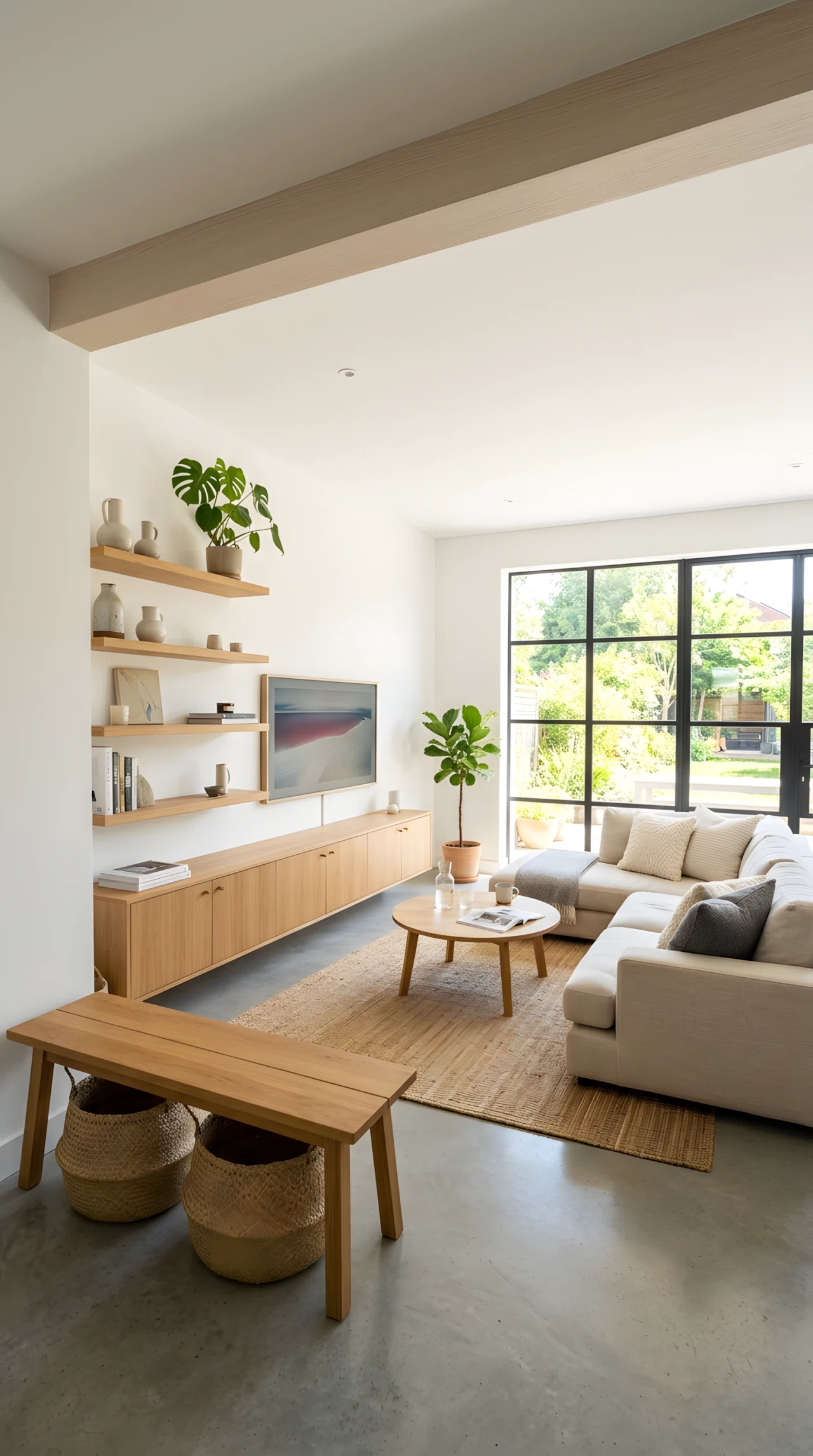 Wide-angle full-room photograph of a minimalist living room, floating wall-mounted shelves, closed low cabinet along one wall, woven baskets tucked under a bench, clean visual lines, dramatic wide camera perspective, bright natural daylight, vibrant realistic stock photography, no illustration.