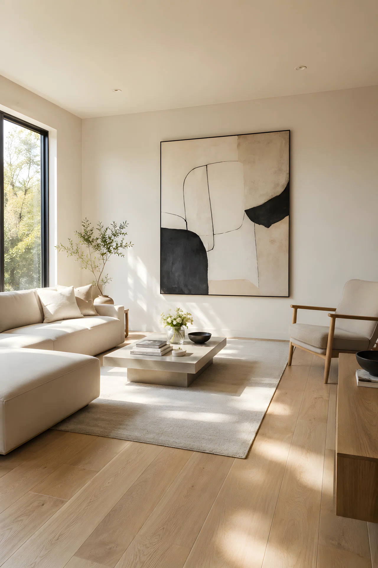 Wide-angle full-room photograph of a minimalist living room, one oversized abstract artwork on a plain wall as the sole focal point, open uncluttered corner, simple neutral furniture in the background, dramatic wide camera angle, bright natural light, vibrant realistic stock photography, no illustration.