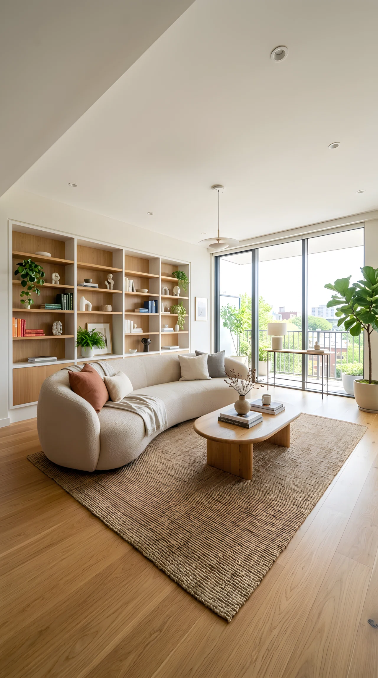 Wide-angle full-room photograph of a modern minimalist living room, rounded curved sofa in soft neutral fabric, oval wood coffee table, mostly straight-lined shelving in the background, dramatic wide camera perspective, bright natural daylight, vibrant realistic stock photography, no illustration.