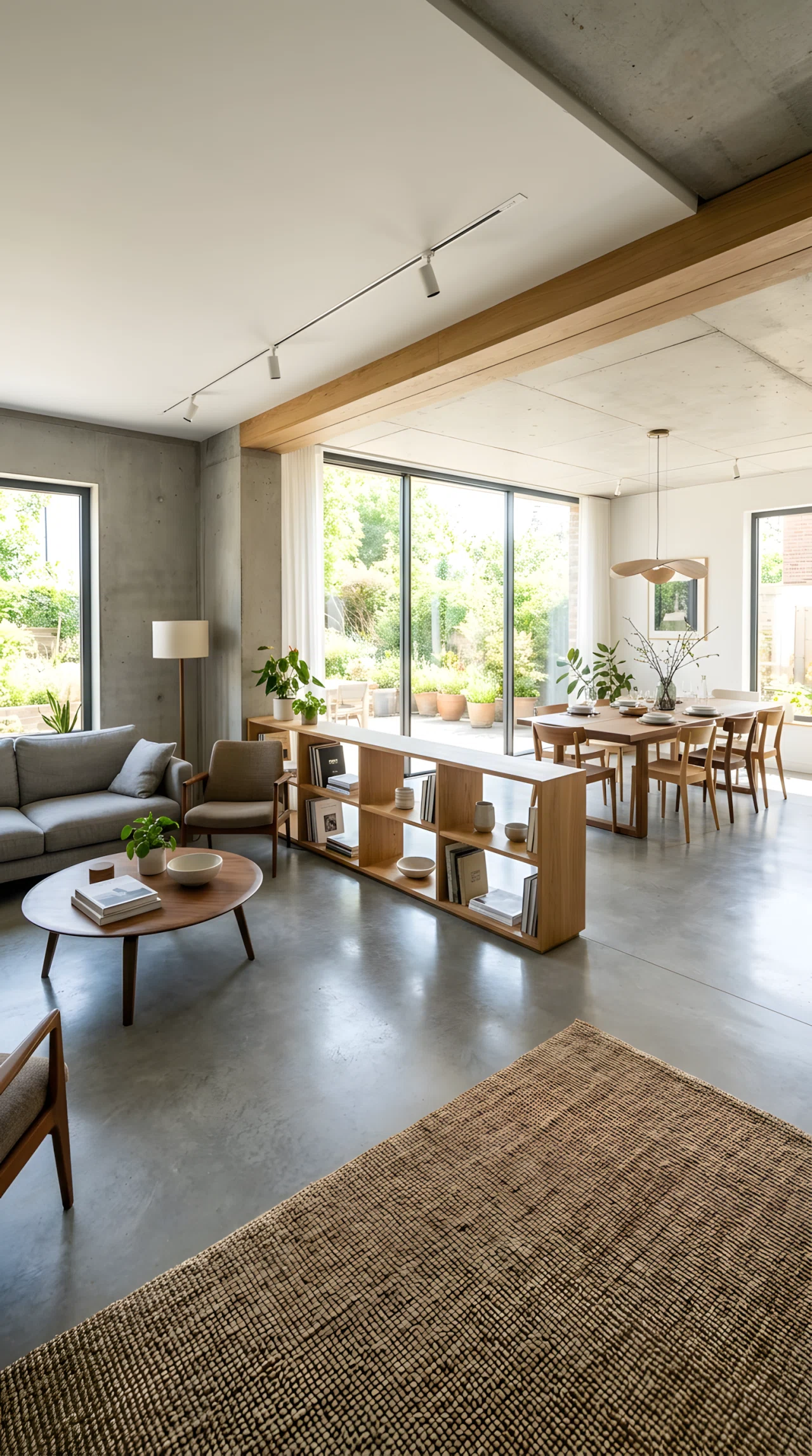 Wide dramatic angle photograph of an open-plan minimalist living room, low open-back bookshelf used as a room divider, dining zone visible beyond it, full room shown from a low sweeping camera angle, bright natural light, vibrant realistic stock photography, no illustration.