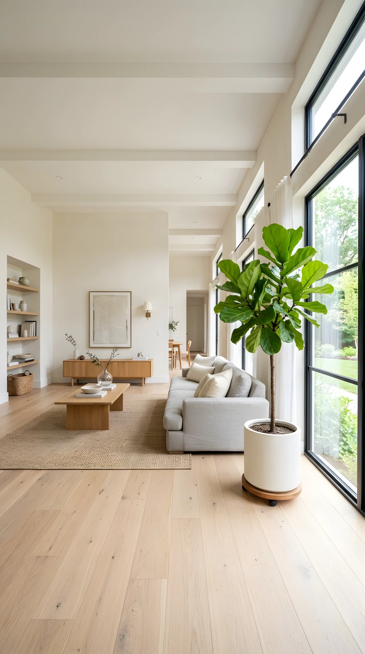 Wide-angle full-room photograph of a minimalist living room, one large fiddle leaf fig in a simple ceramic planter positioned near a window, neutral furniture in the background, dramatic wide camera angle, bright vibrant natural daylight, realistic stock photography, no illustration.