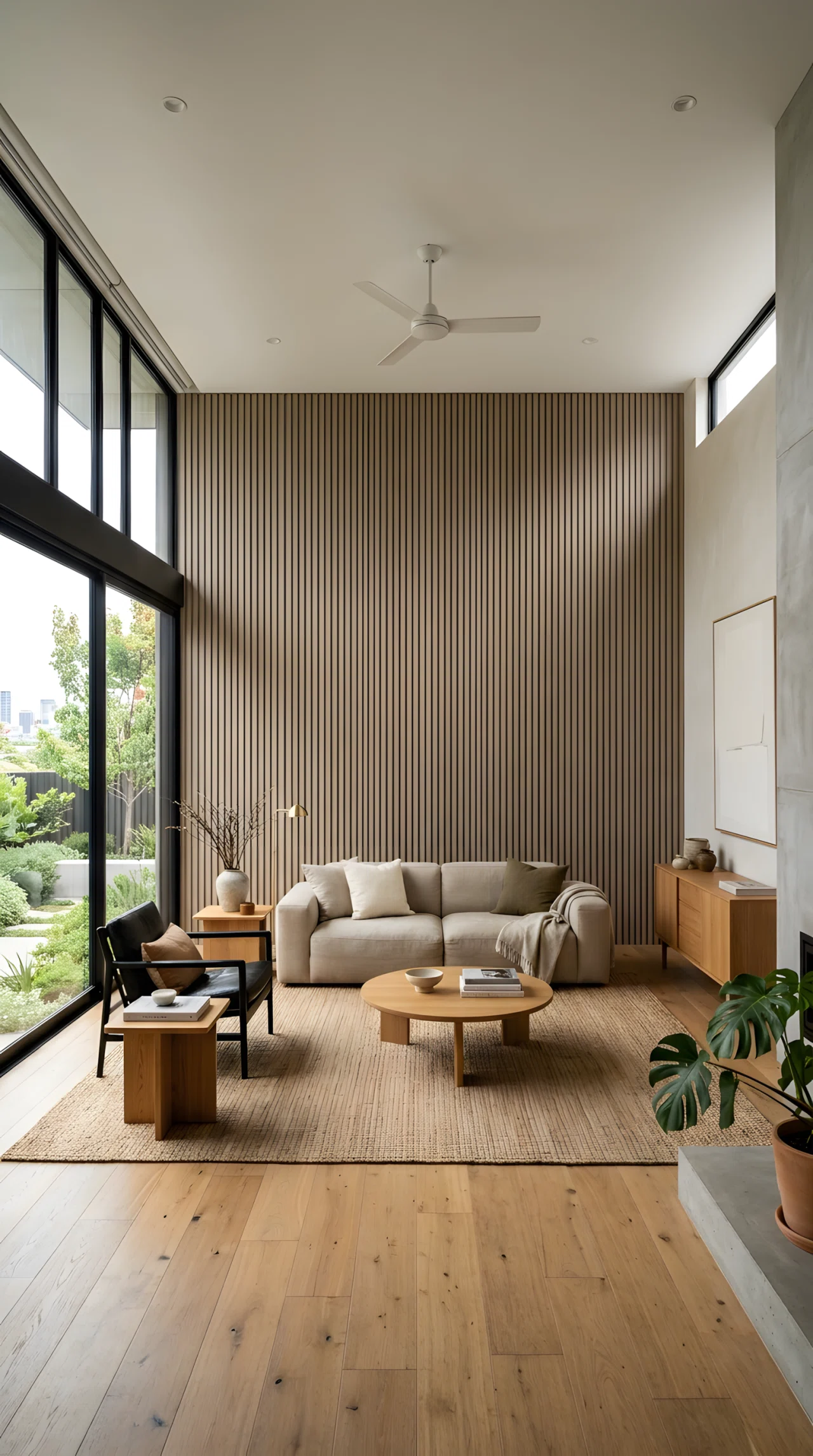 Wide-angle full-room photograph of a contemporary minimalist living room, vertical wood slat wall panel painted in a matching neutral tone, soft shadow lines catching natural light, simple furniture in front, dramatic wide camera perspective, vibrant realistic stock photography, no illustration.