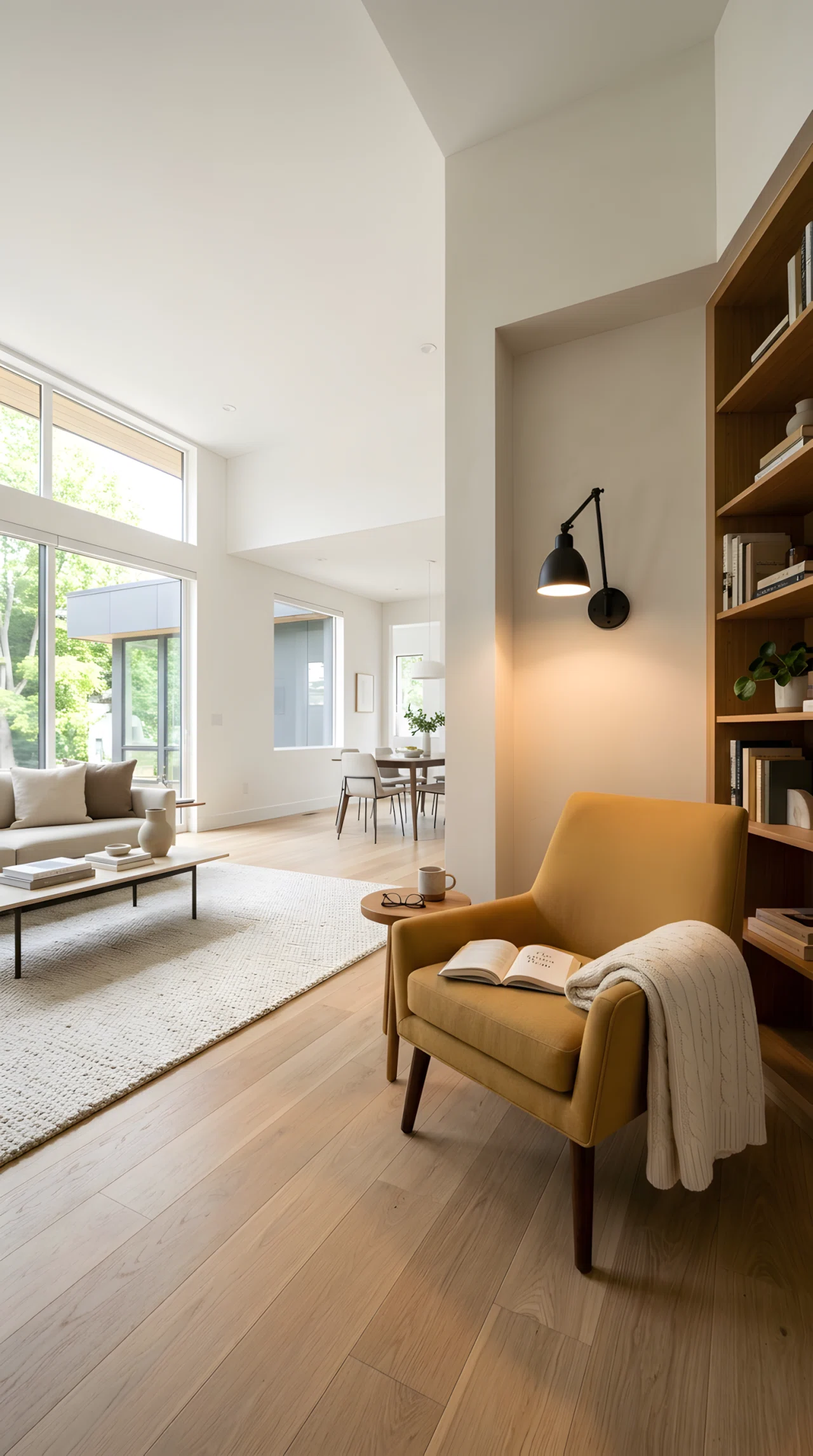 Wide-angle full-room photograph of a minimalist living room with a quiet reading corner, single accent chair, wall sconce mounted directly above and slightly behind the chair casting focused downward light onto the seat, folded knit blanket draped over the armrest, dramatic wide camera angle, bright natural daylight elsewhere in the room, vibrant realistic stock photography.