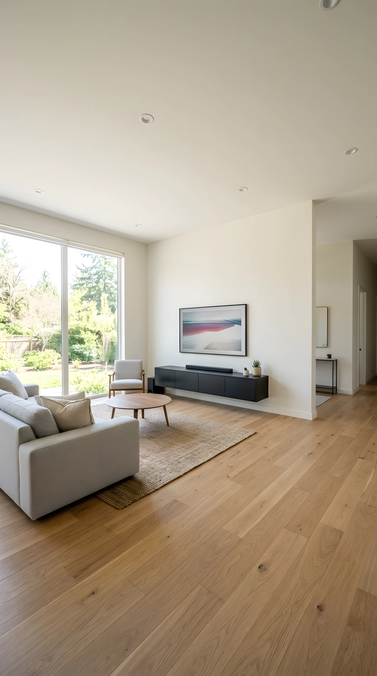 Wide-angle full-room photograph of a minimalist living room, slim floating media console mounted below a frame-style television, concealed cable management, plain wall with no extra decor, dramatic wide camera perspective, bright natural daylight, vibrant realistic stock photography, no illustration.