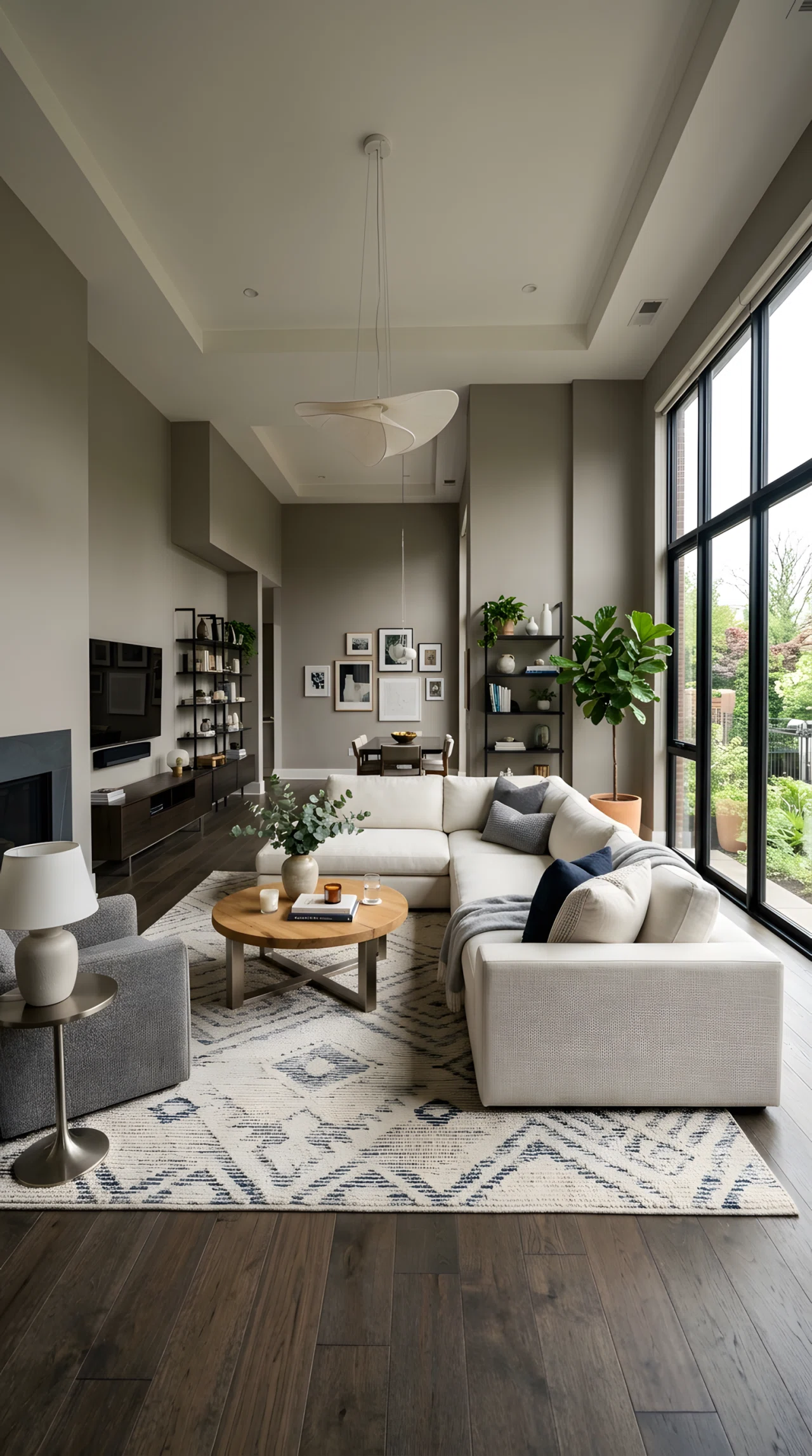 Wide dramatic angle photograph of a full living room, warm gray walls (RGB 158, 155, 150), off-white upholstered sofa (RGB 237, 233, 225), brushed nickel table legs, soft daylight, cool modern mood, vibrant realistic stock photography, no illustration, no 3D render.