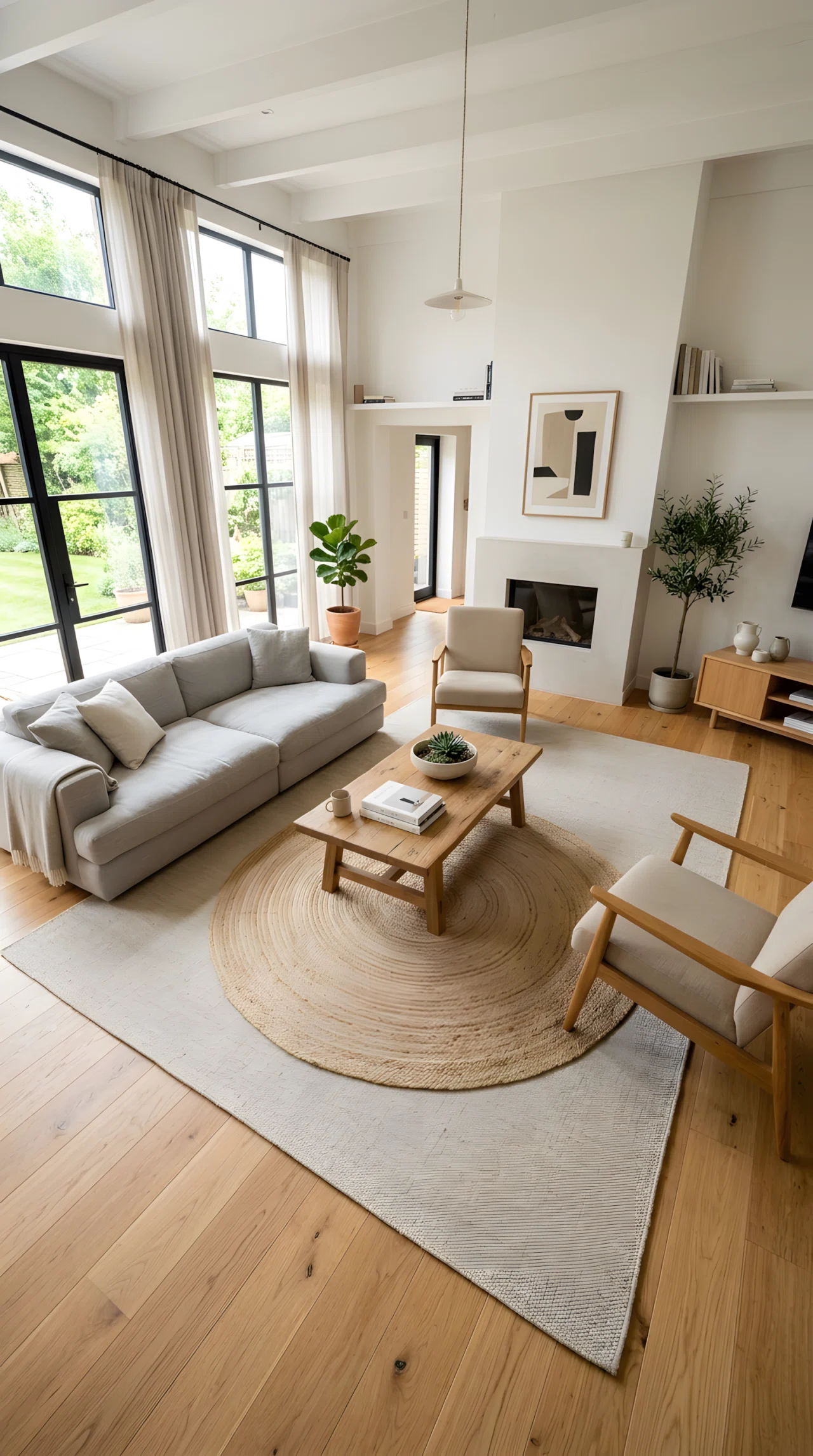 Wide-angle full-room photograph of a minimalist living room, large neutral flatweave rug layered with a smaller textured jute rug under the coffee table, both in matching neutral tones, dramatic wide camera angle, bright natural daylight, vibrant realistic stock photography, no illustration.