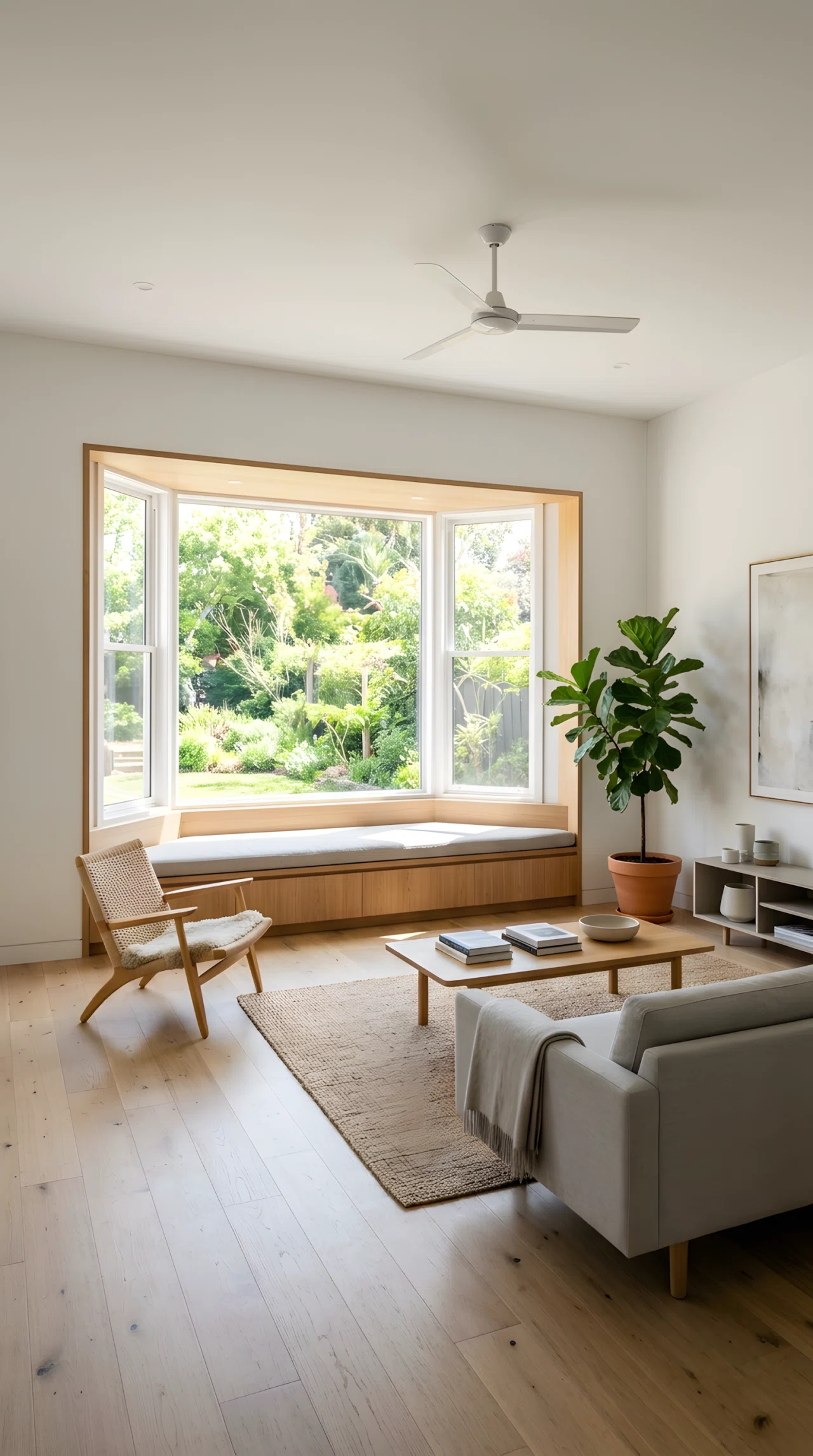 Wide-angle full-room photograph of a minimalist living room, built-in bay window bench with a slim neutral cushion, no extra throw pillows, daylight streaming through the window highlighting the seating nook, dramatic wide camera angle, vibrant realistic stock photography, no illustration.