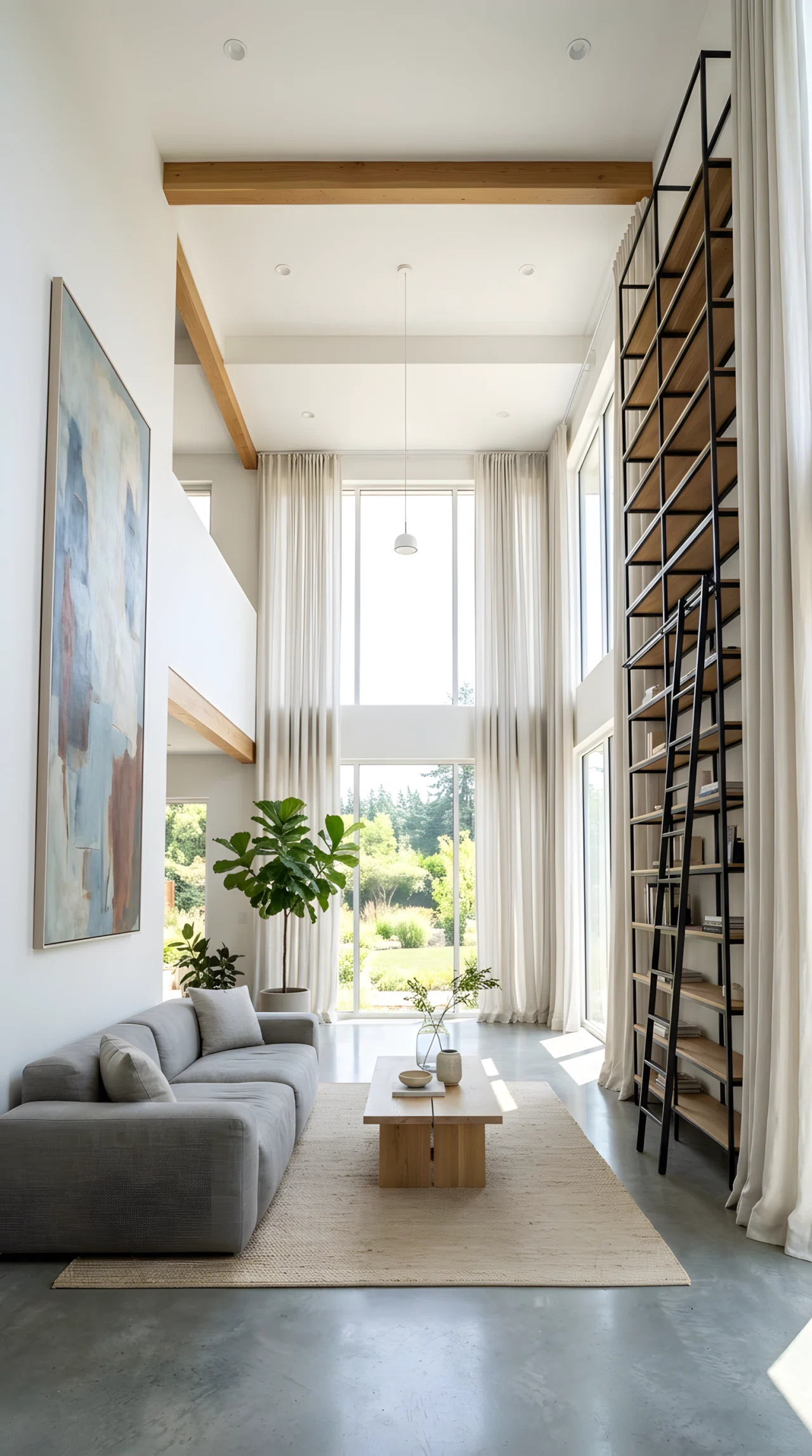 Wide-angle full-room photograph of a minimalist living room with high ceilings, floor-to-ceiling linen curtains, one tall slim bookshelf reaching upward, elongated vertical wall art, dramatic wide low camera angle emphasizing height, bright natural daylight, vibrant realistic stock photography, no illustration.