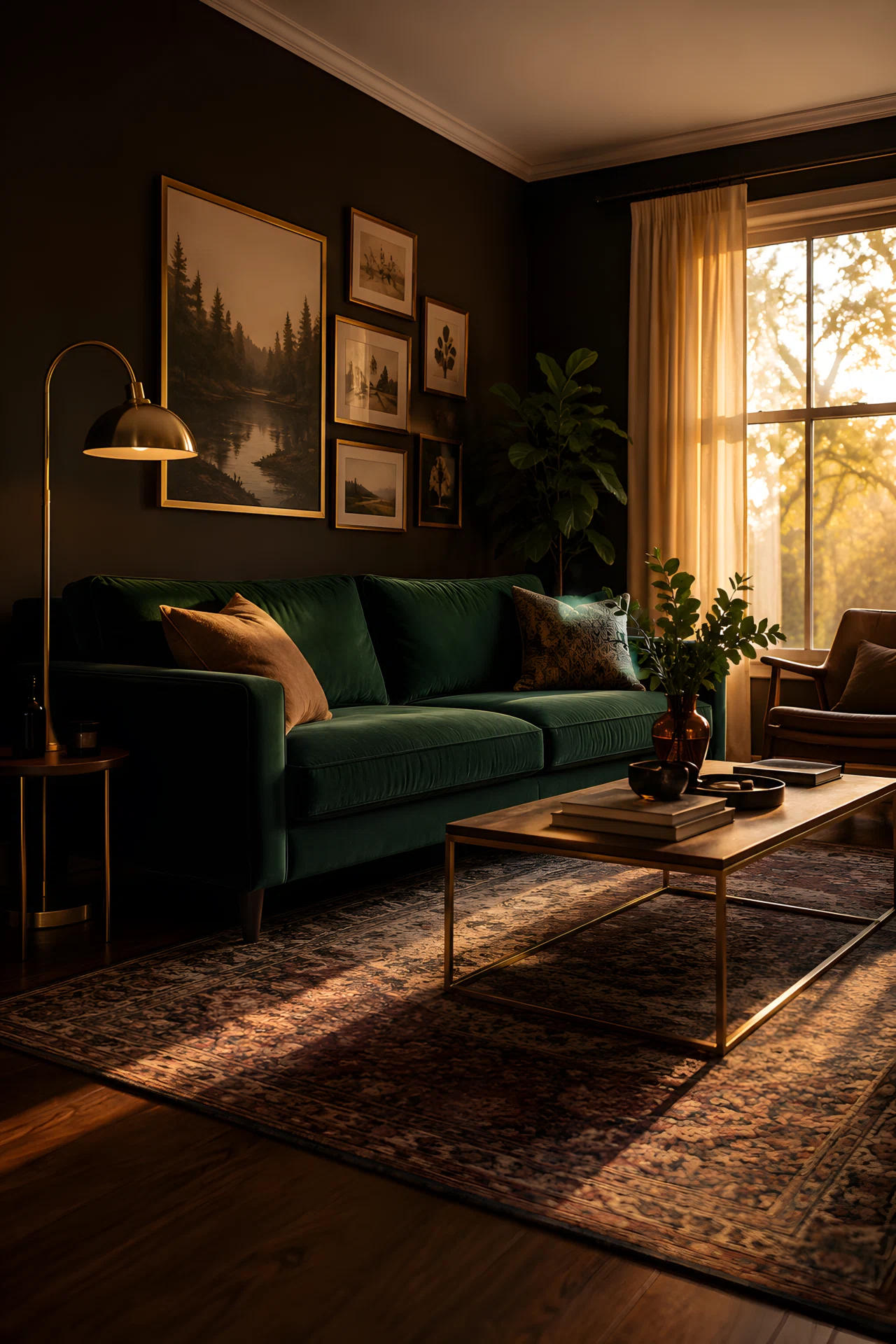 Wide-angle photograph of a living room with deep espresso brown accent wall, forest green velvet sofa, brass floor lamp and gold picture frames, warm ambient light from a large window at golden hour, dramatic low camera angle showing the full room, vibrant rich color tones, shot on a DSLR, photorealistic.