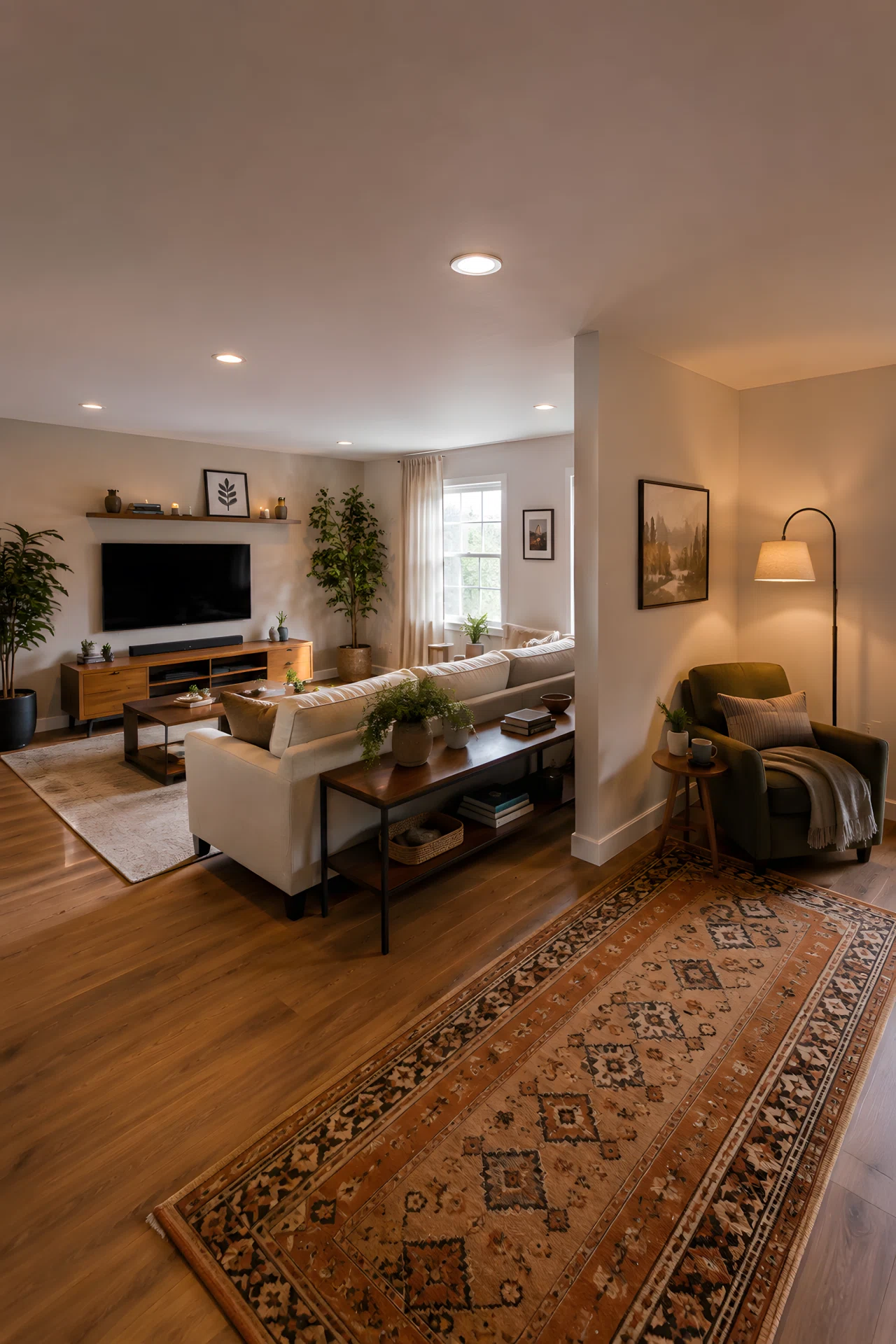 Wide-angle photograph of an open living room split into two zones by a slim console table behind the sofa, a lounge area facing a TV wall and a small reading corner with an armchair and floor lamp, soft natural daylight, vibrant warm tones, photorealistic interior photography, full room visible.
