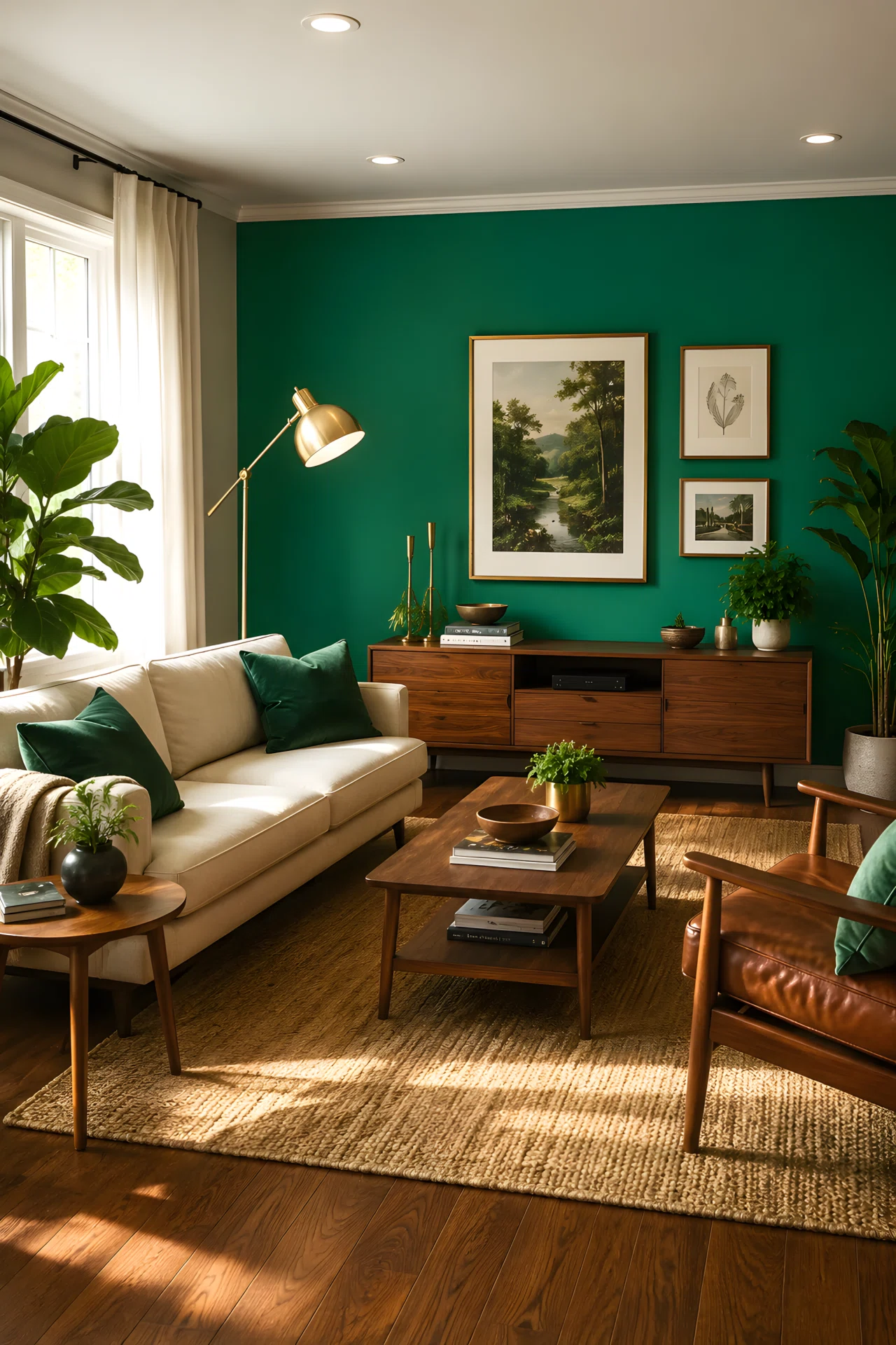Wide-angle photograph of a living room with one jade green accent wall (RGB 0,168,120), warm walnut wood furniture, brass floor lamp, cream sofa with jade velvet cushions, soft afternoon light, vibrant saturated colors, photorealistic, full room in frame.