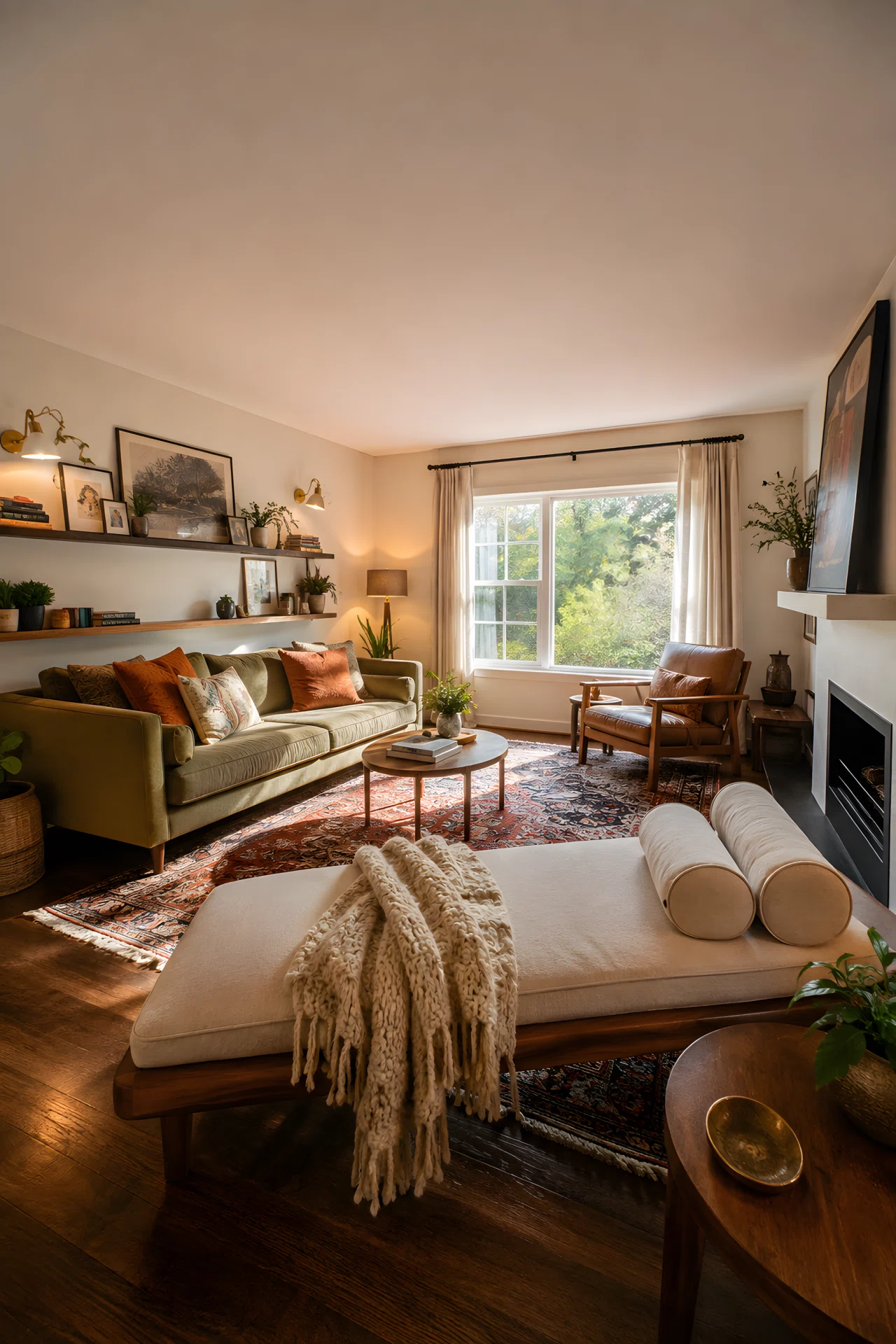 Wide-angle photograph of a living room with a low-profile daybed positioned near a large window at an angle to the main sofa, bolster pillow and knit throw on the daybed, warm daylight streaming in, vibrant cozy color palette, photorealistic, full room visible, dramatic camera angle.