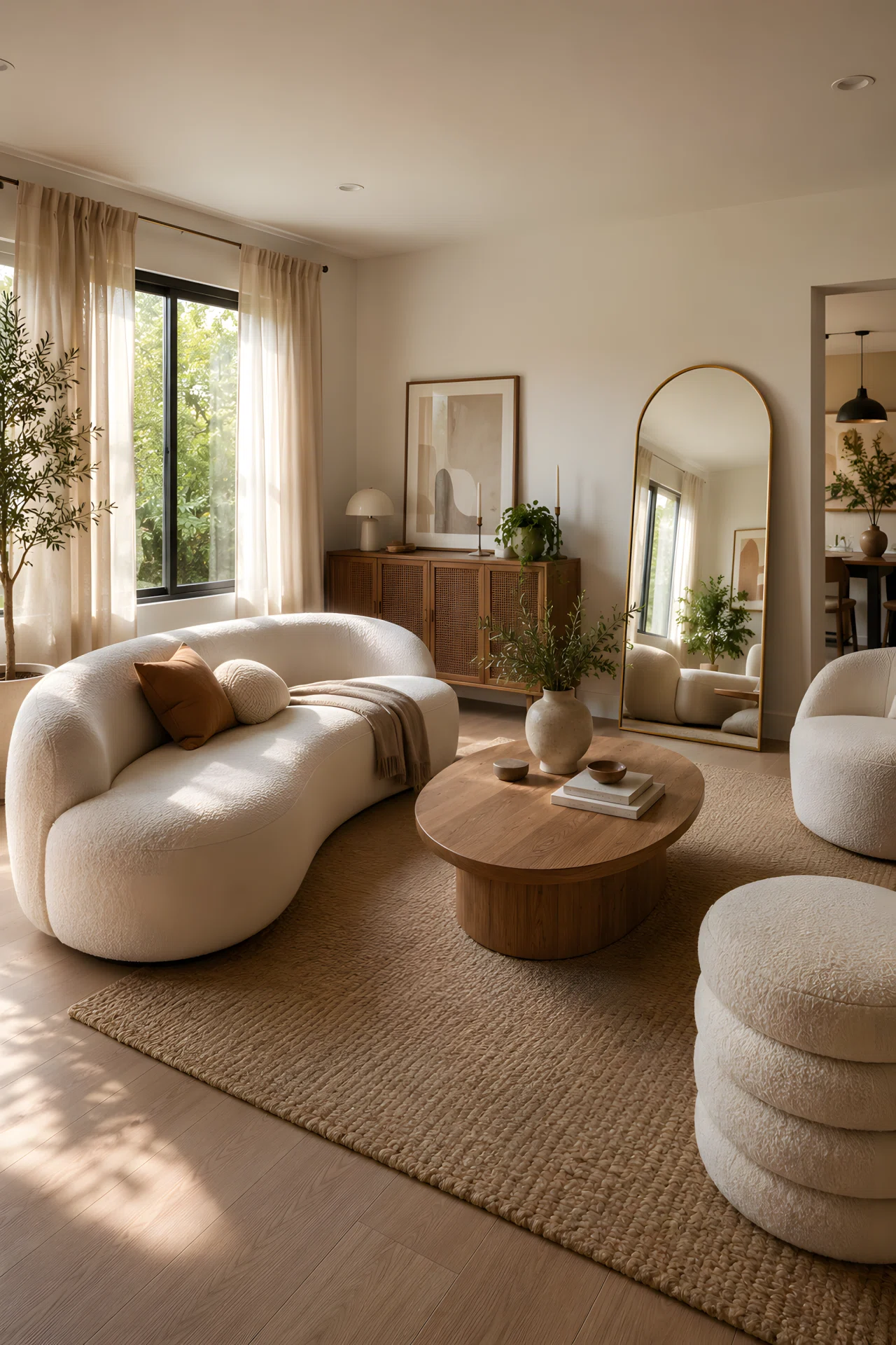 Wide-angle photograph of a contemporary living room featuring a curved boucle sofa, an oval wooden coffee table, and an arched floor mirror, soft rounded shapes throughout, bright natural light, vibrant warm neutral tones, photorealistic interior photography, dramatic wide camera angle showing the entire room.