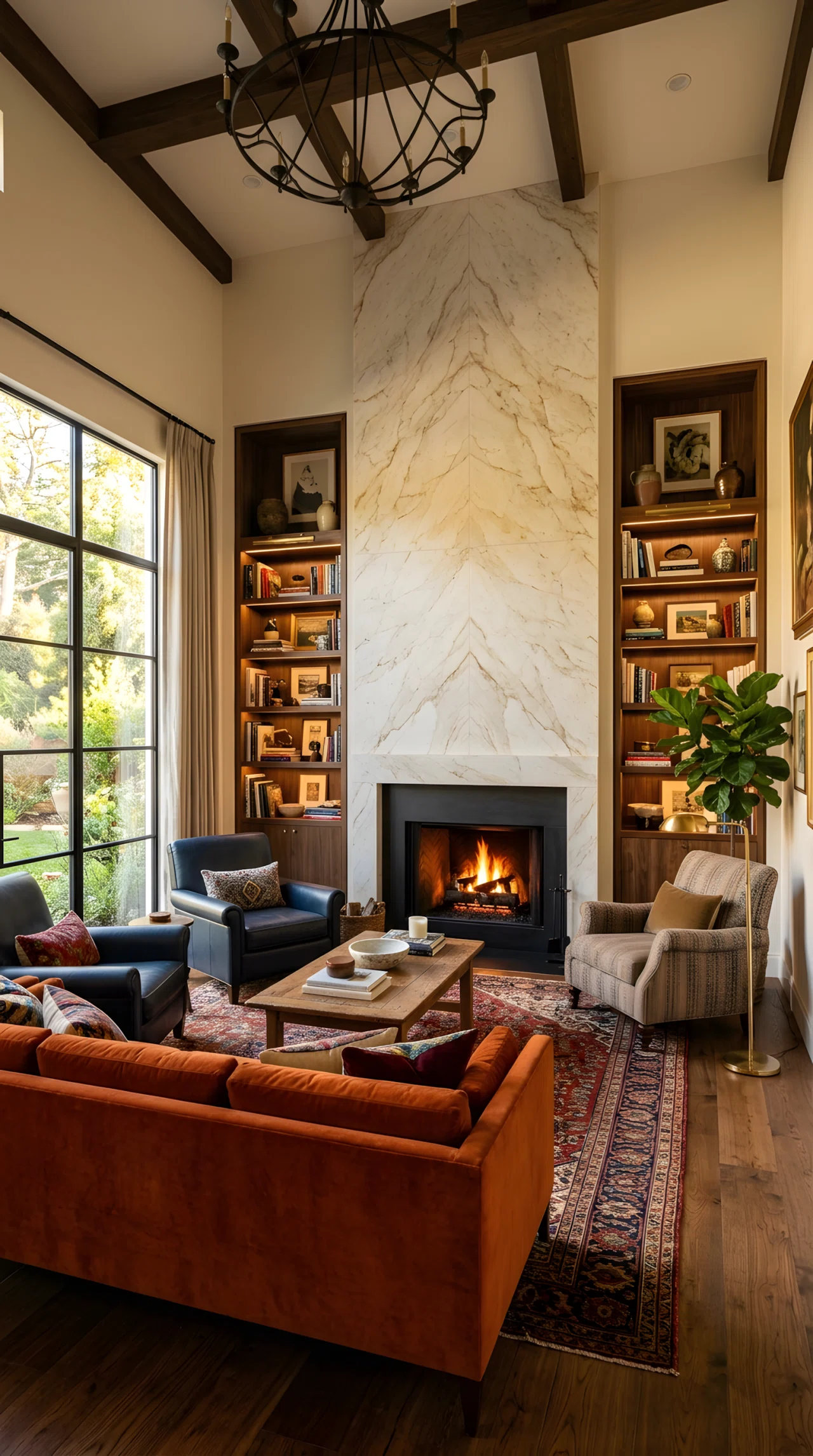 Wide-angle photograph of a living room with a floor-to-ceiling honed marble fireplace surround, recessed built-in shelving on both sides, sofa and armchairs arranged facing the fireplace, warm afternoon light, vibrant rich tones, photorealistic, full room visible, dramatic angle.