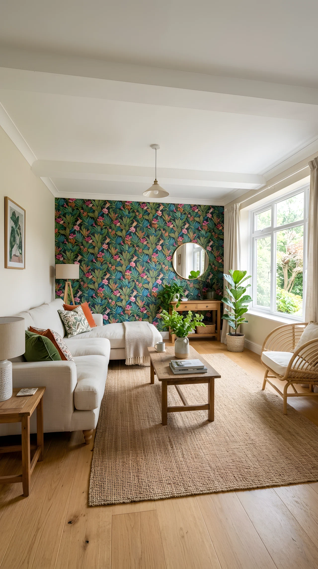 Wide-angle photograph of a living room with one bold botanical patterned wallpaper accent wall, neutral cream sofa, plain woven rug, soft natural window light, vibrant saturated wallpaper colors against a calm neutral room, photorealistic interior photography, full room in frame.