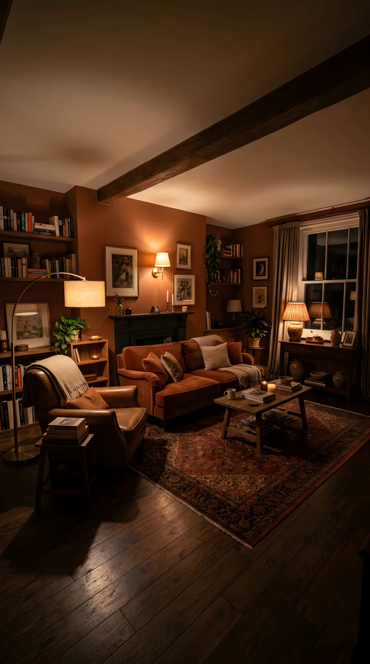 Wide-angle photograph of a living room lit by three distinct sources: a floor lamp glowing low beside a reading chair in one corner, a table lamp casting warm light across a console table, and a dimmable wall sconce placed at eye level near the seating area, soft shadows showing the layered light levels clearly, vibrant warm tones, photorealistic, dramatic angle, full room visible.