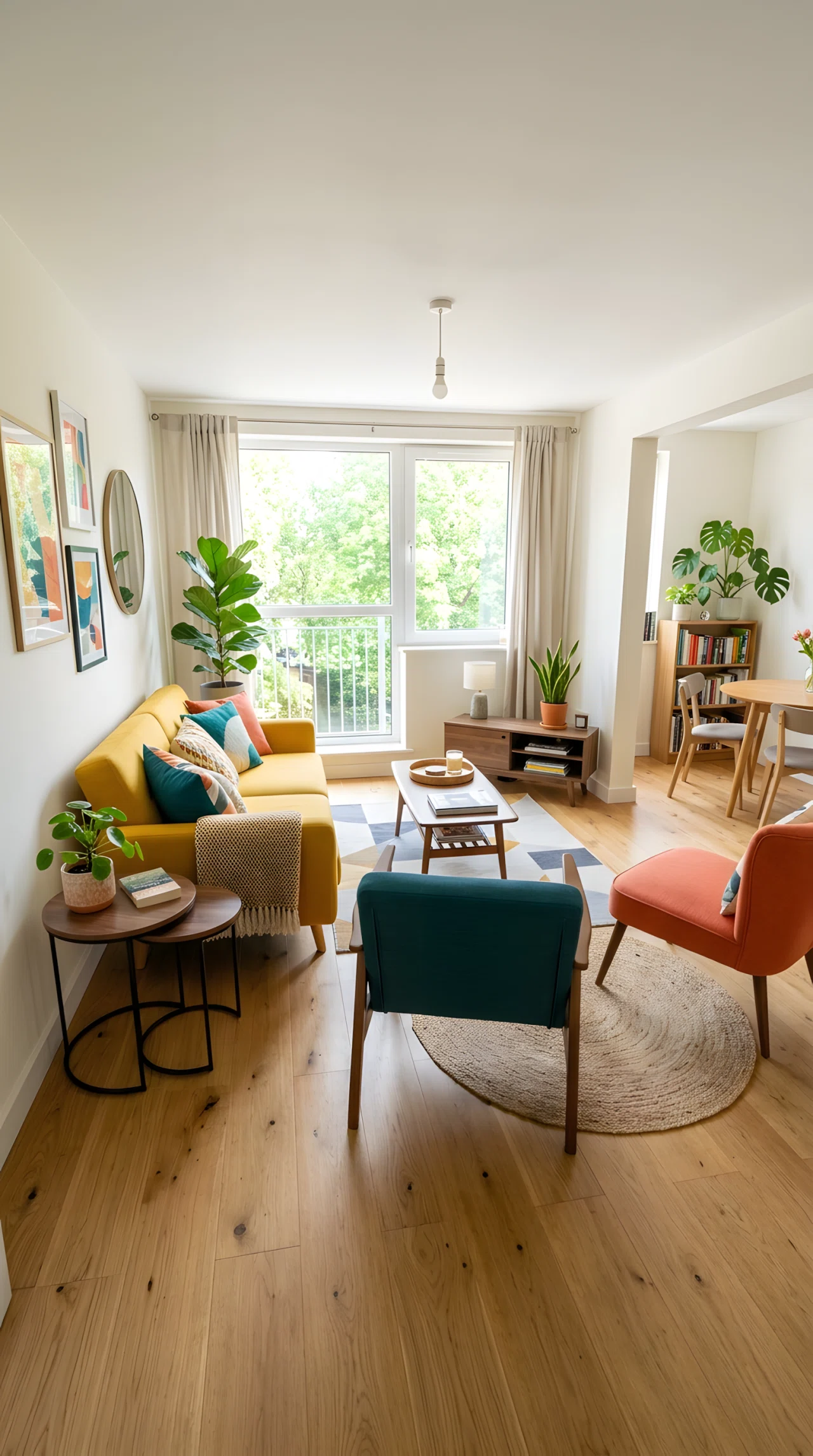 Wide-angle photograph of a compact living room with a pair of slim nesting side tables, armless accent chairs, and a low-profile sofa, plenty of visible floor space, bright natural daylight, vibrant fresh color palette, photorealistic interior photography, full room visible showing the open layout.