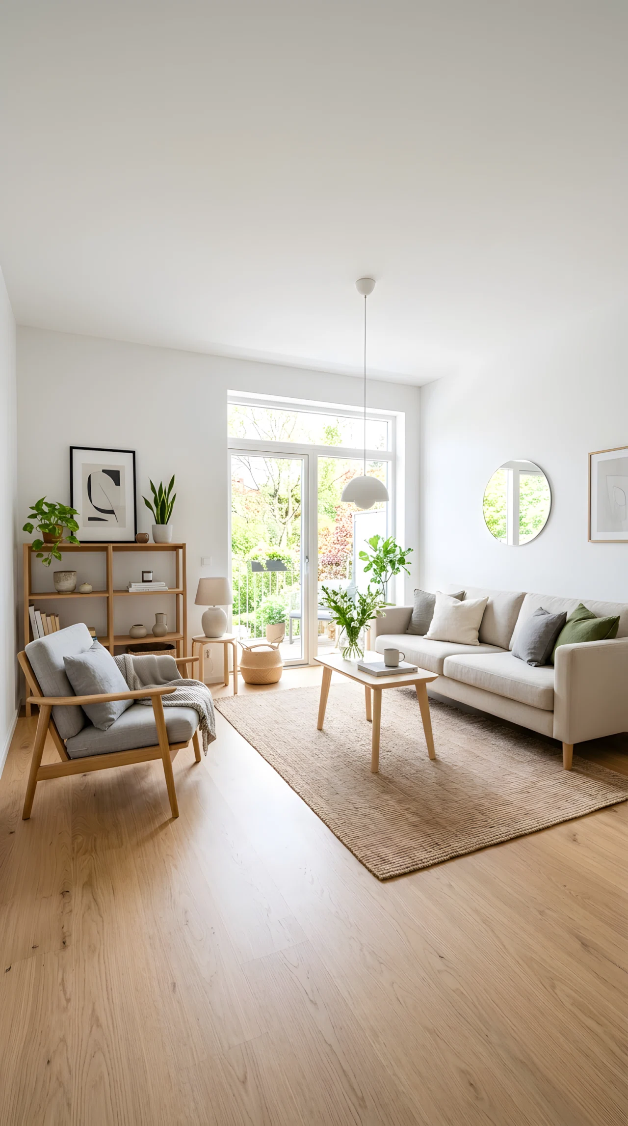 Wide-angle photograph of a Scandinavian living room with white walls, light oak flooring, a matching oak wooden chair and shelving unit, oatmeal-colored sofa, minimal decor, bright natural daylight, vibrant fresh clean tones, photorealistic interior photography, full room visible.