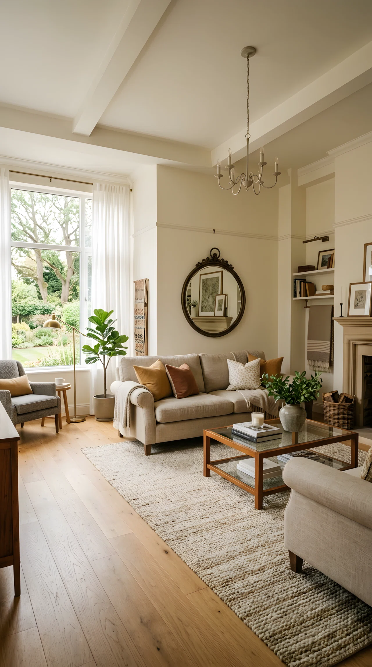 Wide-angle photograph of a transitional living room with a rolled-arm linen sofa, a simple glass coffee table, one antique-style round mirror on the wall, soft natural window light, vibrant warm neutral tones, photorealistic interior photography, full room visible.
