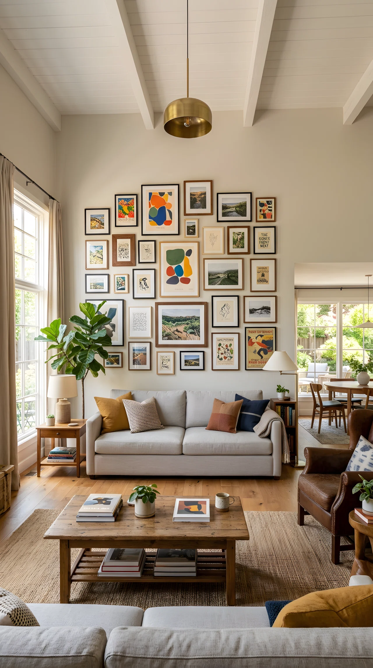 Wide-angle photograph of a living room with a large gallery wall of mixed-size black and wood framed art hung above a neutral sofa, warm daylight from a side window, vibrant art colors against a calm wall, photorealistic interior photography, full room visible.