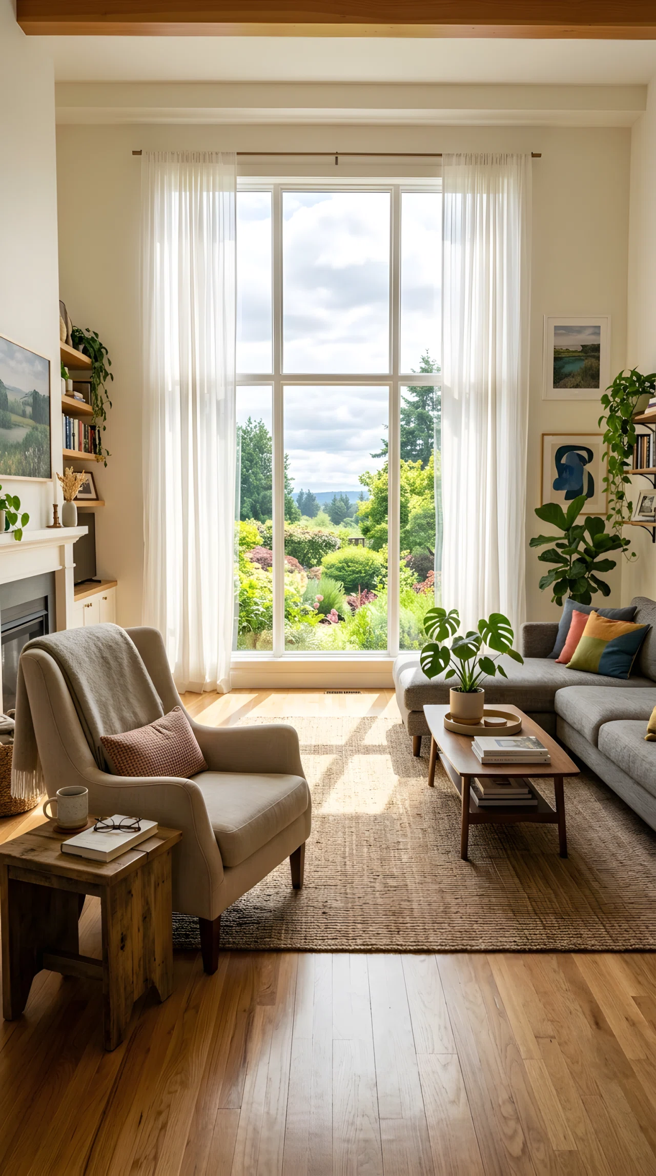 Wide-angle photograph of a living room with a large window as the focal point, an armchair angled to face outward toward the window, sheer white curtains softly diffusing daylight, sunlight streaming across the floor, vibrant natural color tones, photorealistic interior photography, full room visible.