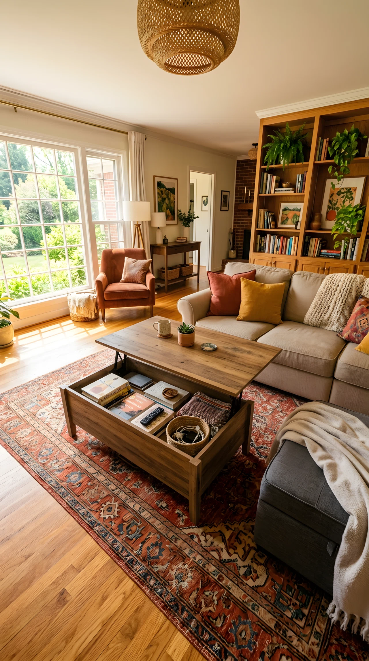 Wide-angle photograph of a living room with a lift-top storage coffee table slightly open showing neatly stored items, a fabric storage ottoman beside the sofa, bright natural daylight, vibrant warm tones, photorealistic interior photography, full room visible.