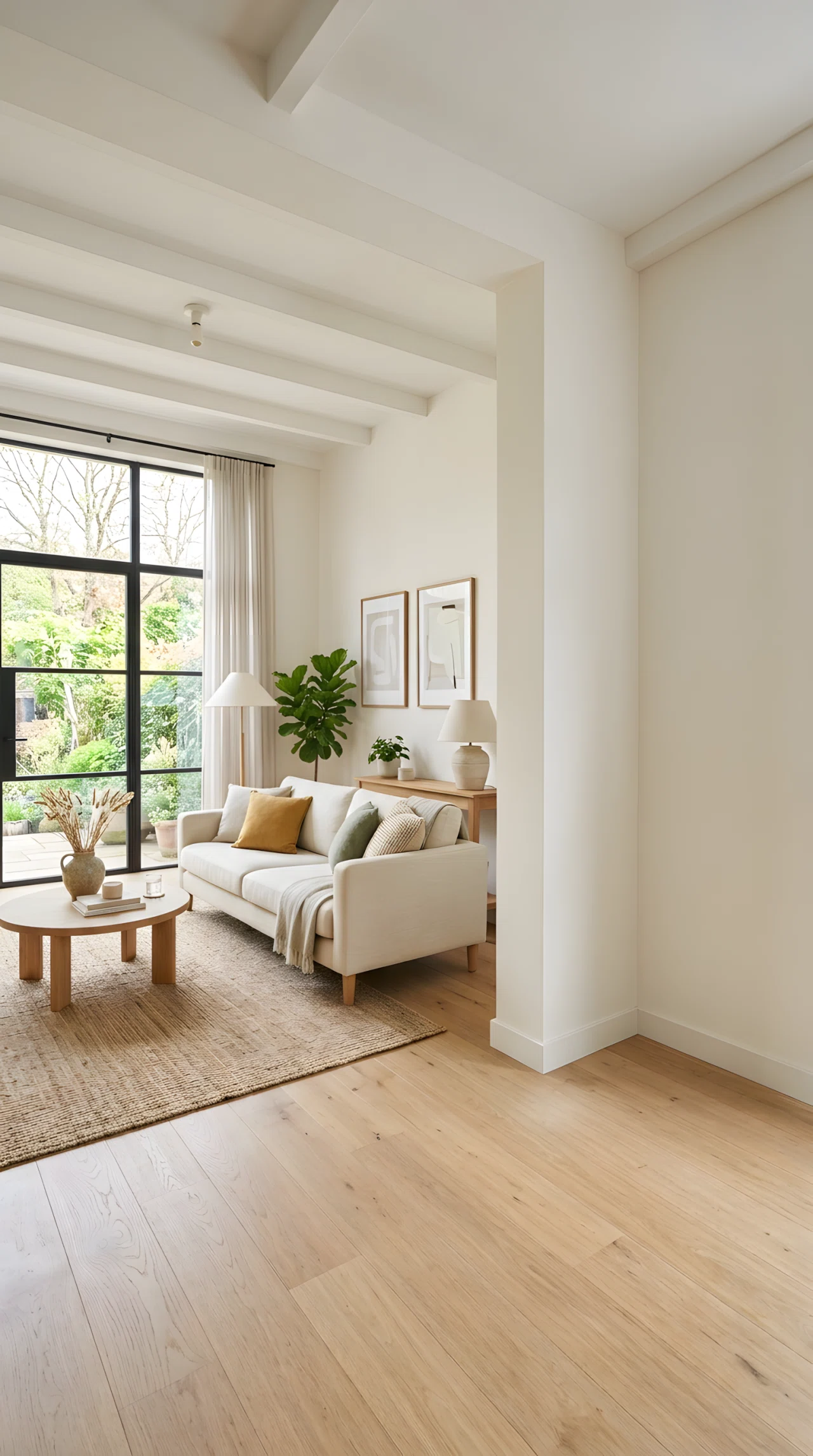 Wide-angle photograph of a living room with one large fiddle leaf fig plant in a woven floor planter standing in an empty corner, minimal surrounding decor, bright natural window light, vibrant green tones against neutral walls, photorealistic interior photography, full room visible.
