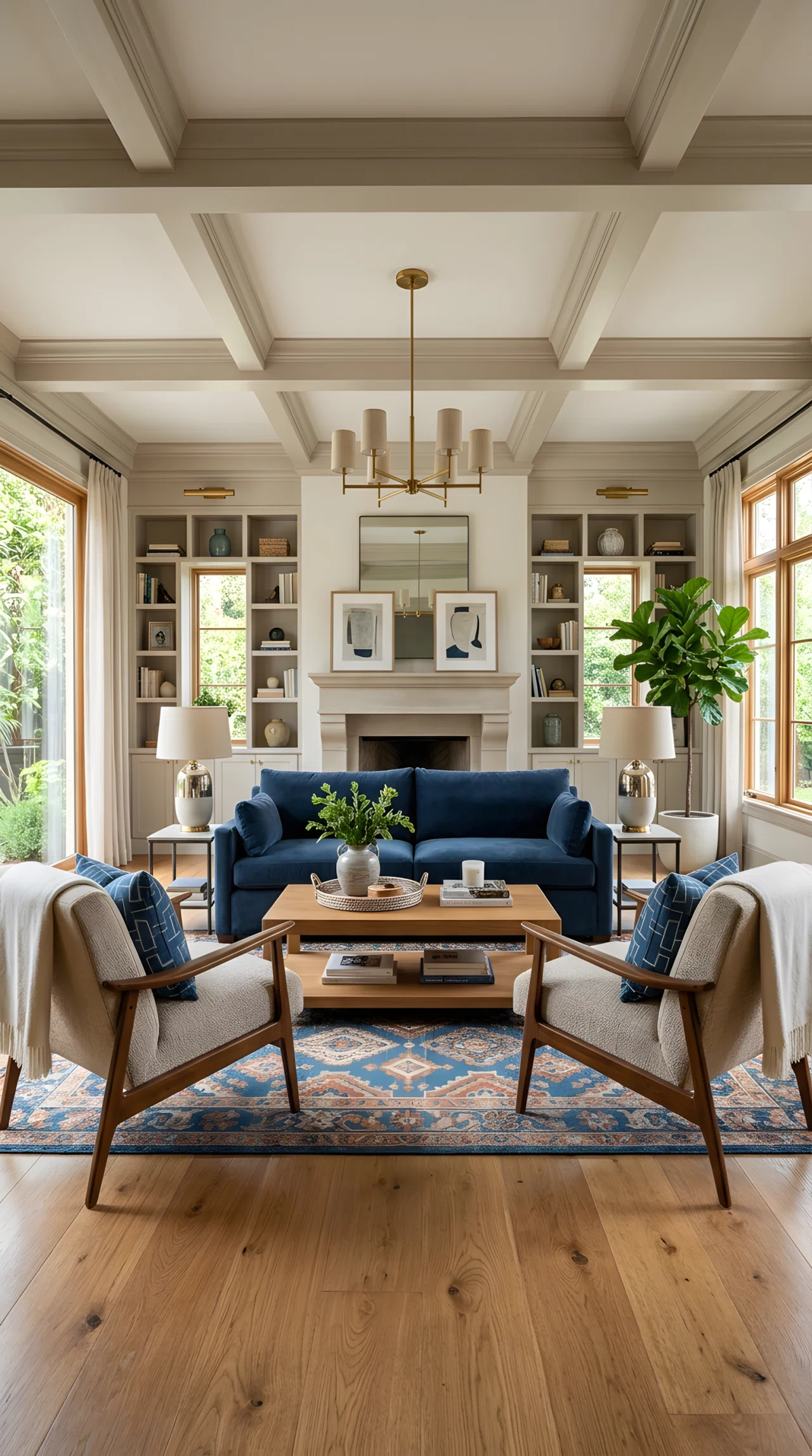Wide-angle photograph of a living room with two identical armchairs facing each other across a coffee table, matching lamps mirrored on either side of the sofa, symmetrical furniture arrangement, soft natural daylight, vibrant balanced color tones, photorealistic interior photography, full room visible from a centered angle.