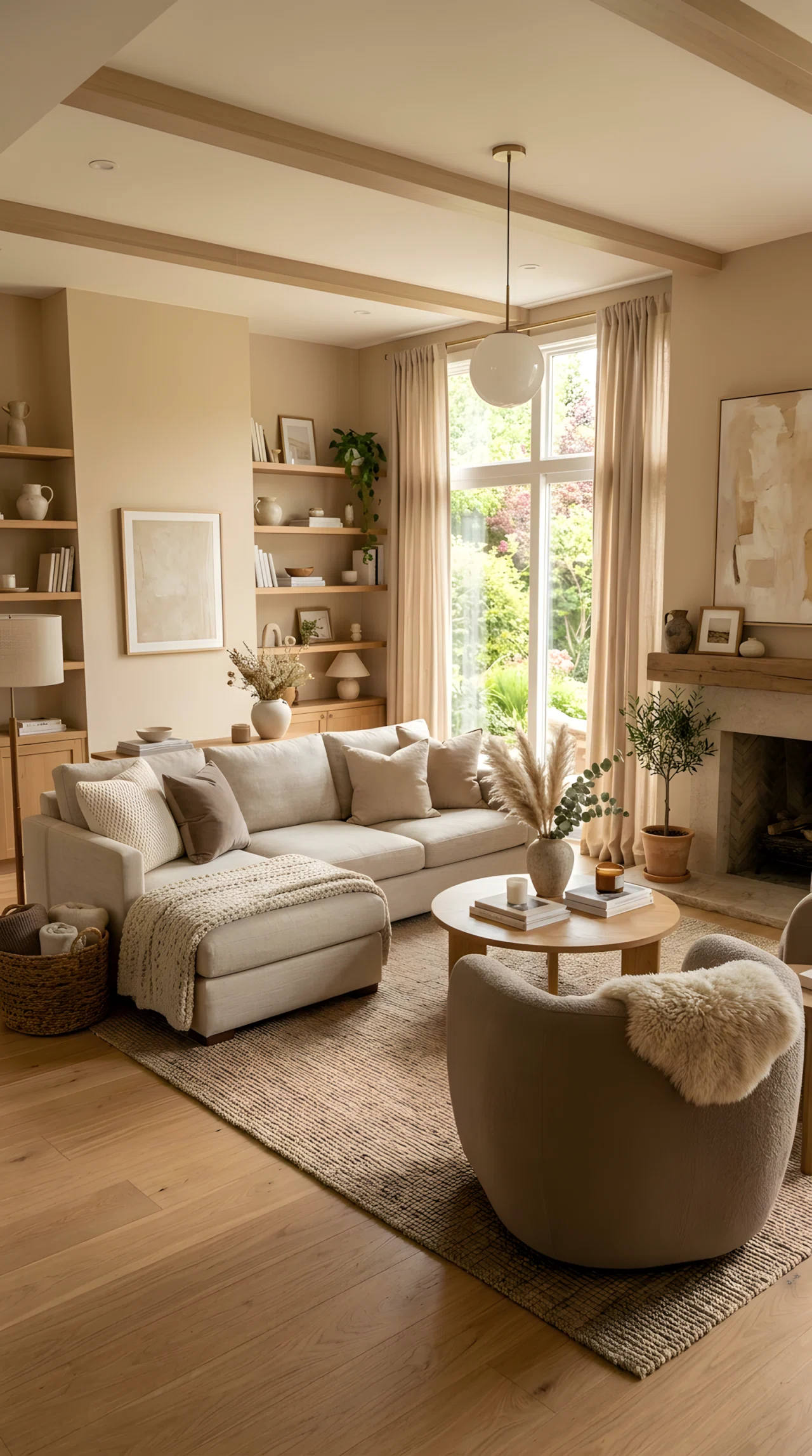 Wide-angle photograph of a living room styled entirely in warm neutral tones, oatmeal linen sofa, taupe bouclé armchair, sand-colored curtains, soft natural daylight, vibrant warmth in an otherwise neutral palette, photorealistic interior photography, full room visible.