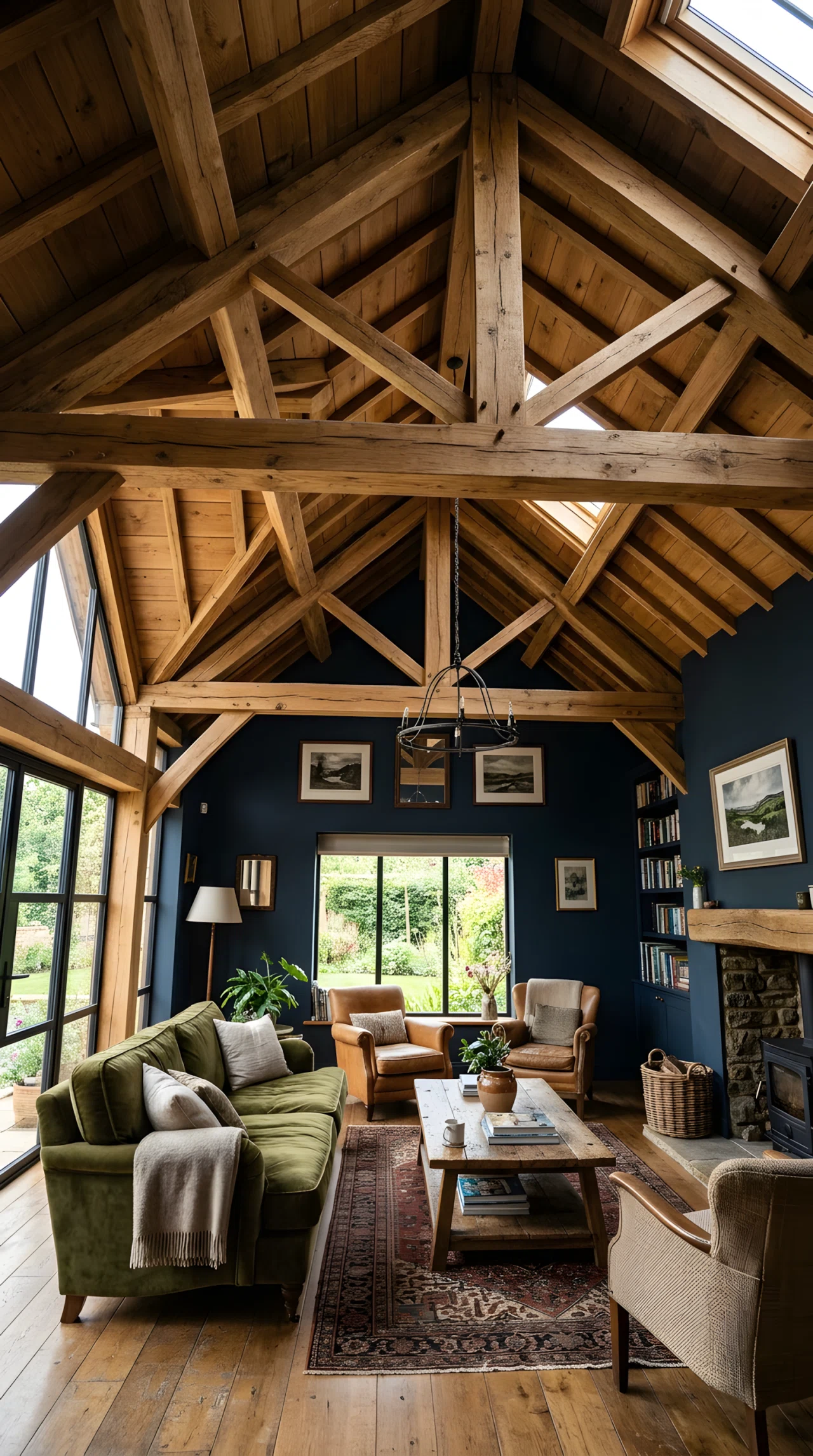 Wide-angle photograph of a living room with exposed wood beam ceiling detail above a deep-toned wall, sofa and armchairs below, natural daylight highlighting the ceiling texture, vibrant warm wood tones, photorealistic interior photography, dramatic upward camera angle showing the full room and ceiling.