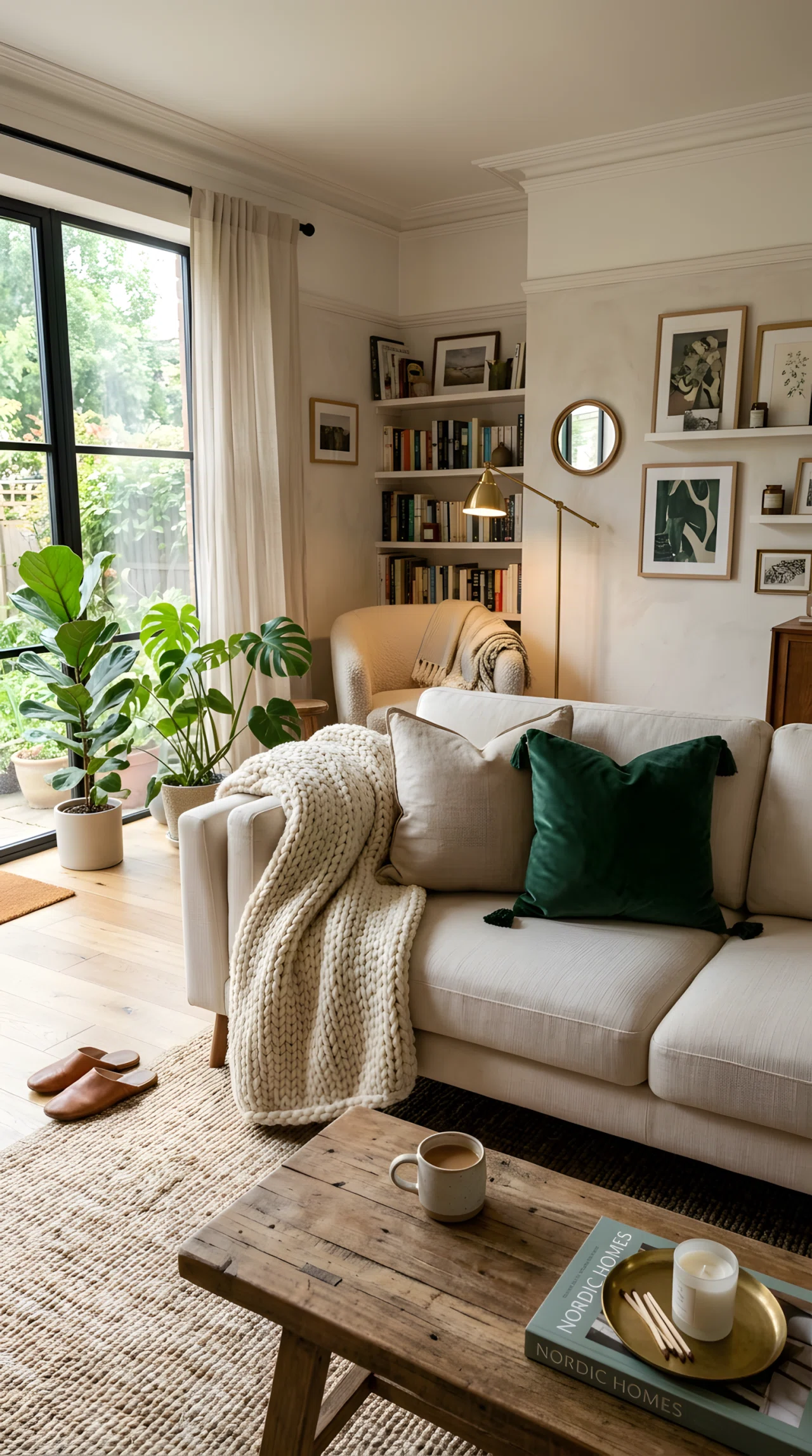 Wide-angle photograph of a sofa styled with a chunky knit throw draped over the arm, a smooth linen cushion, and one velvet accent pillow, soft natural window light, vibrant layered texture close-up within a full living room view, photorealistic interior photography.