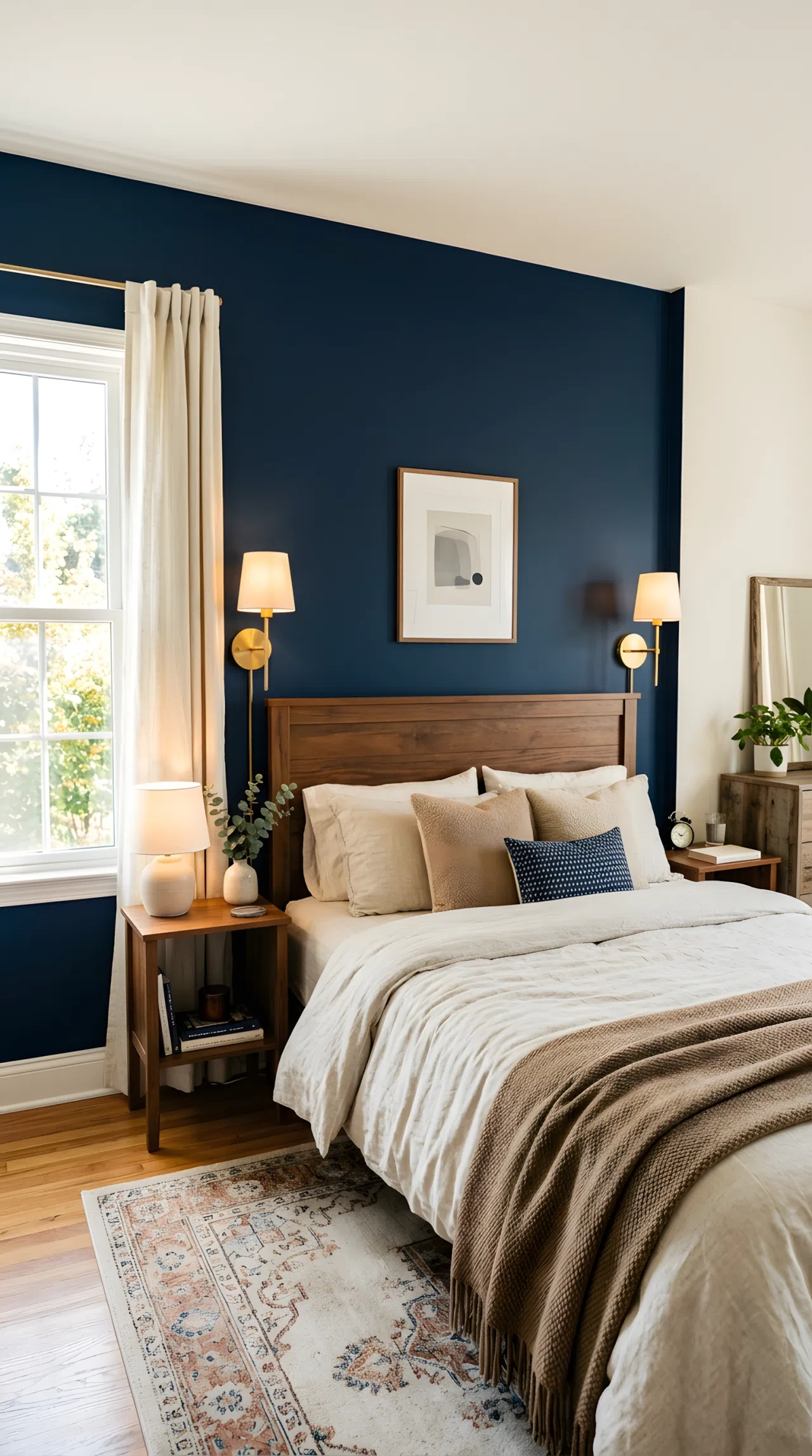 Real-life photo of a cozy bedroom with one deep navy blue accent wall (RGB 21, 32, 58) behind a neatly made bed with warm brown wood headboard, brass wall sconces, linen bedding in cream tones, bright natural window light, clean and organized styling, stock photography, vibrant warm colors.