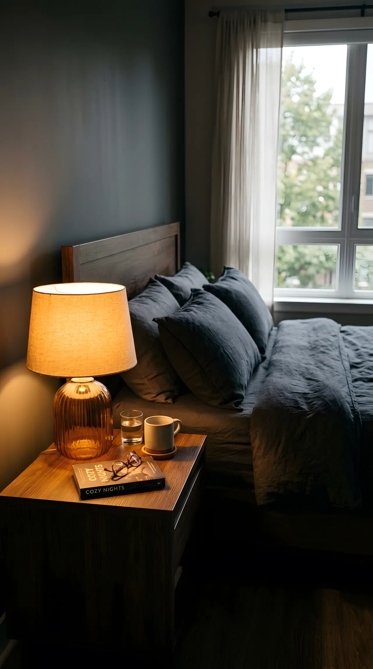 Real-life photo of a bedroom nightstand with an amber glass table lamp positioned at mattress height, warm light spilling sideways and downward across the nightstand and pillows, neatly made bed with dark bedding, dim cozy ambiance balanced by natural light from a window across the room, clean and organized, stock photography, vibrant warm tones.