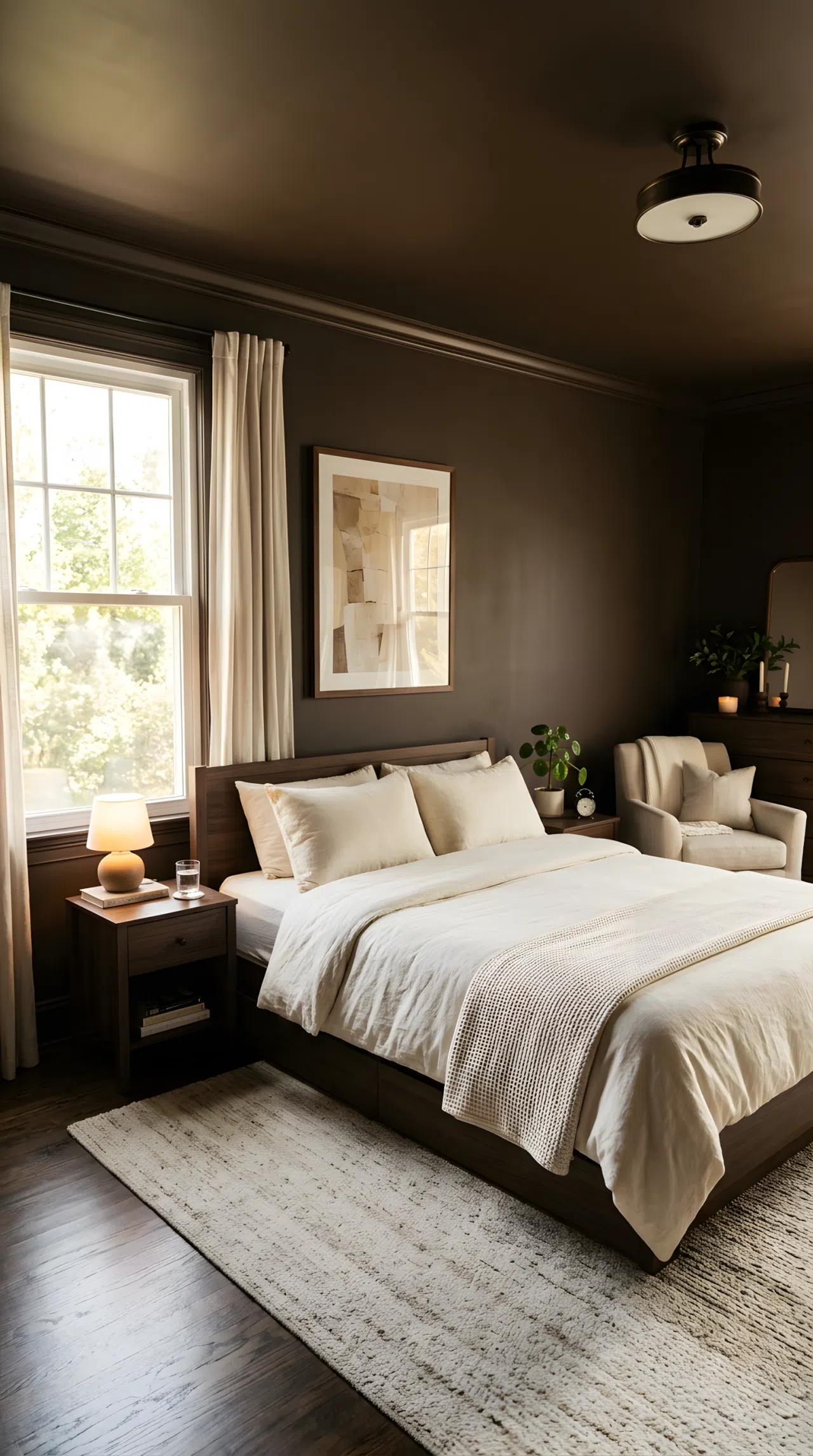 Real-life photo of a bedroom with walls, trim, and ceiling all painted the same espresso brown (RGB 61, 43, 31), neatly made bed with light cream bedding for contrast, warm bright natural light from a window, clean and organized styling, stock photography, rich immersive tones.