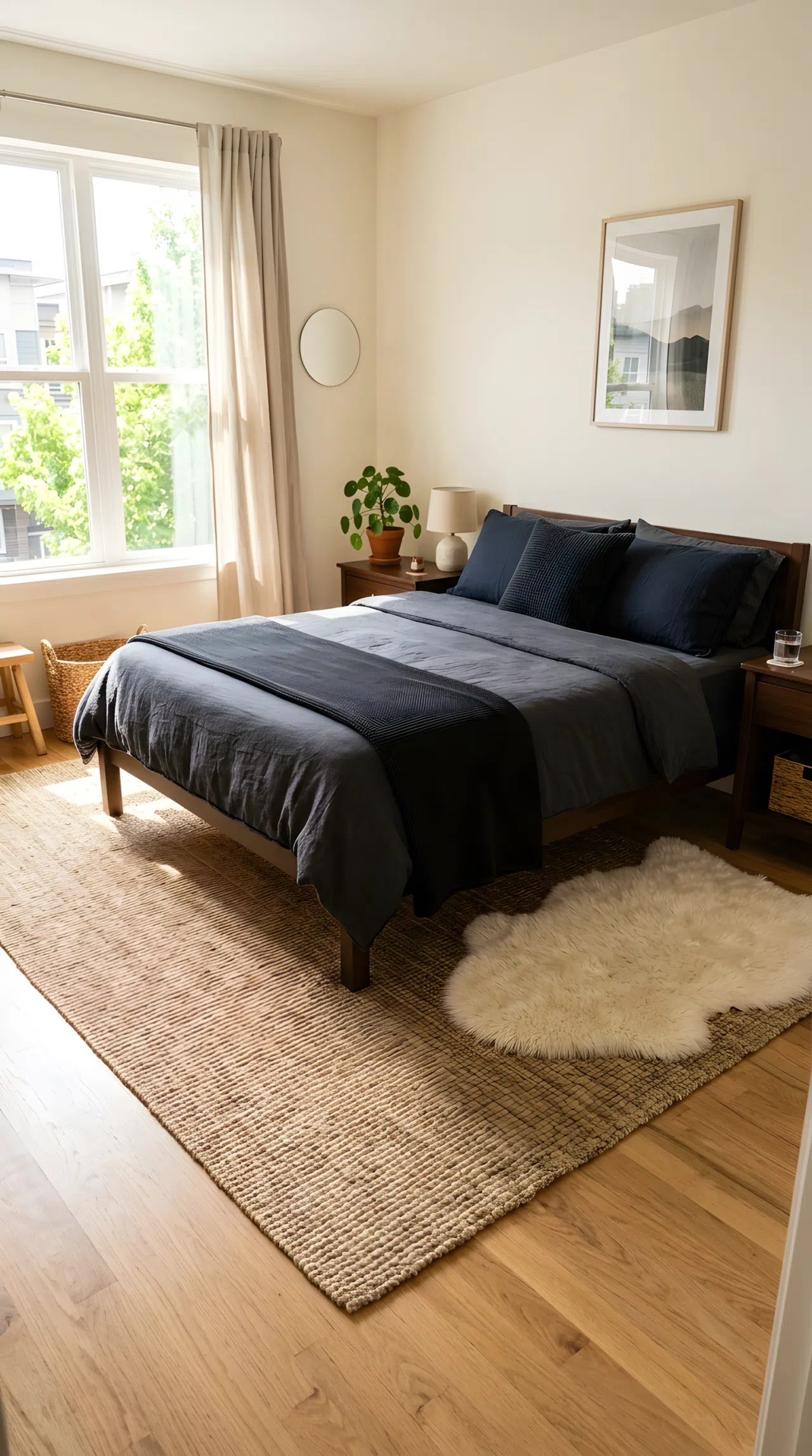 Real-life photo of a bedroom floor with a large jute rug layered under the bed frame and a smaller faux fur rug on top near the bedside, neatly made bed with dark bedding, bright natural window light, clean and organized styling, stock photography, warm vibrant tones.