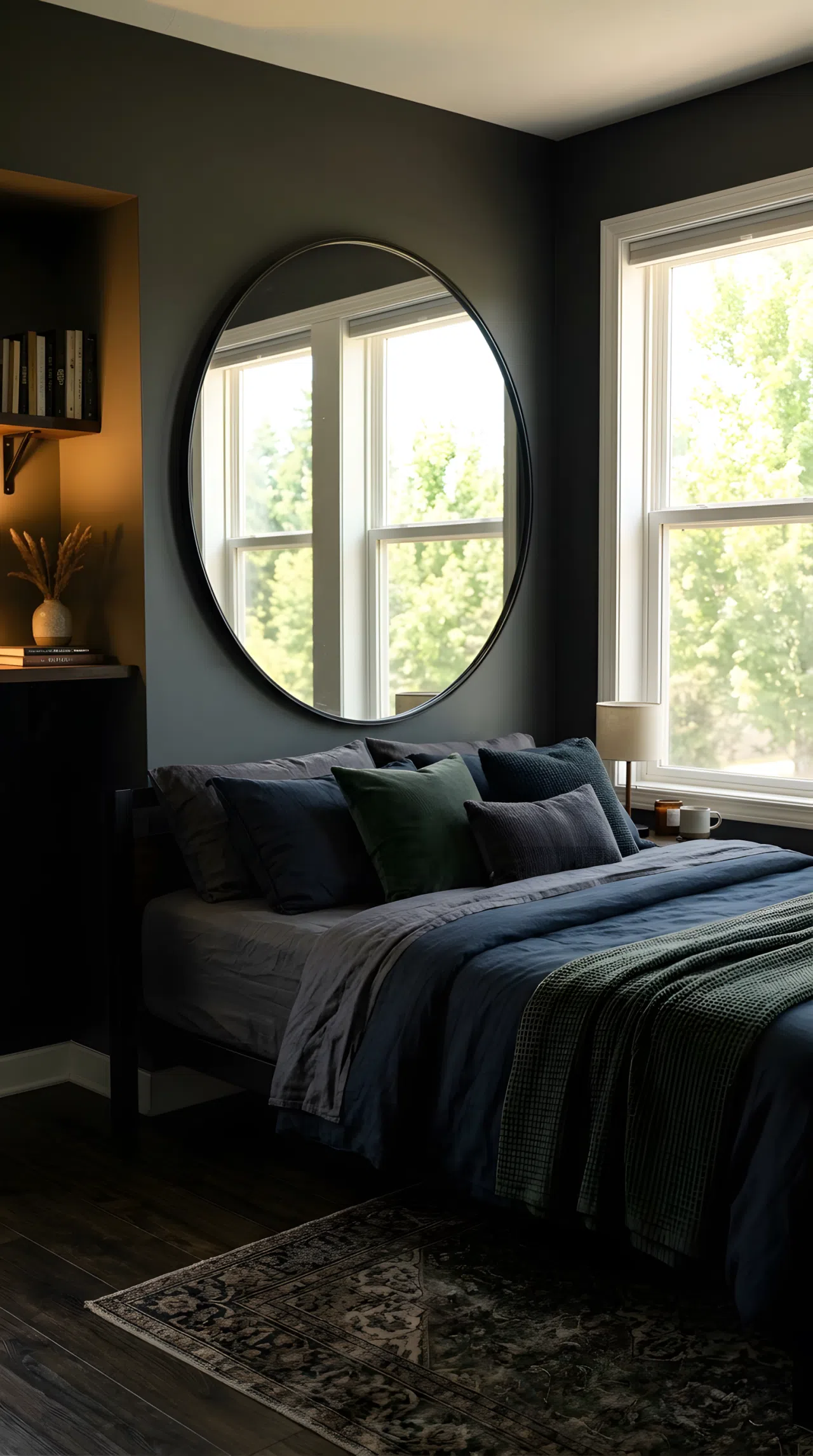 Real-life photo of a moody bedroom with a large round mirror in a black metal frame hung directly across from a window, angled to reflect bright natural daylight into a dark corner of the room, neatly styled dark bedding, clean and organized, stock photography, vibrant warm tones.
