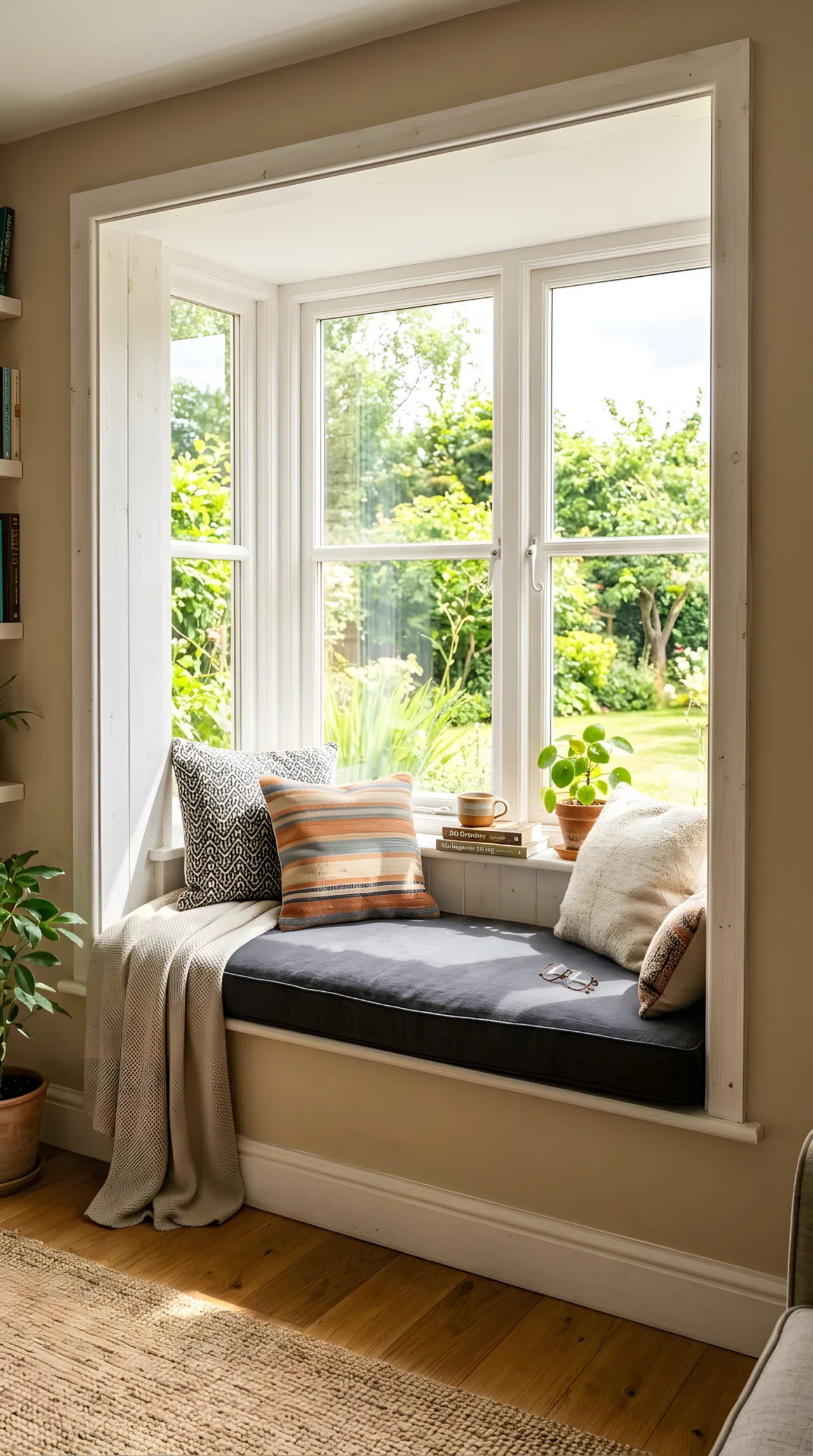 Real-life photo of a cozy built-in window seat nook with a fitted dark charcoal cushion and smaller patterned pillows, deep windowsill, bright natural daylight pouring through the window, neatly styled and clean, stock photography, warm vibrant tones.