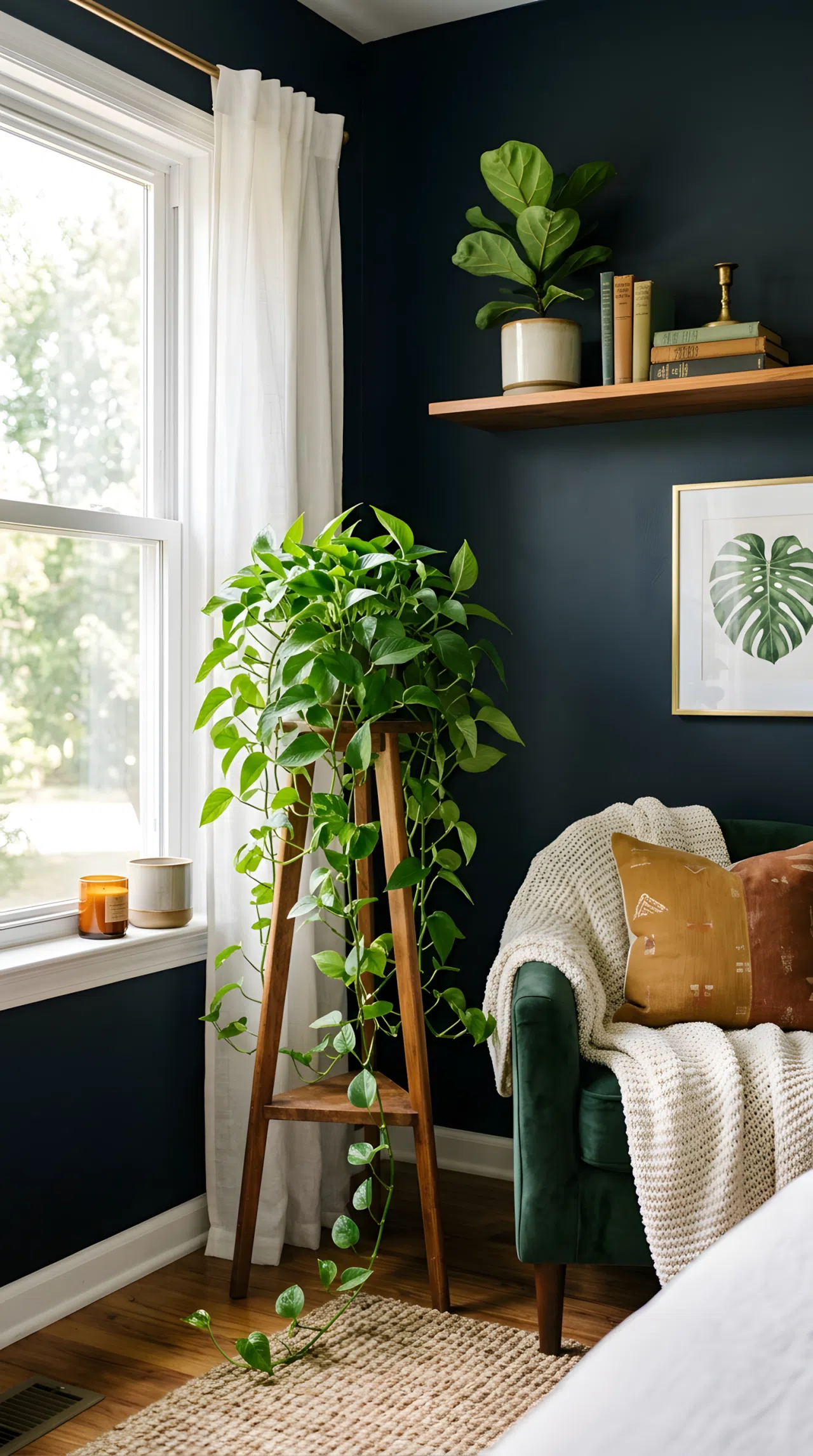 Real-life photo of a moody bedroom corner with a trailing pothos plant on a wood plant stand near a window and a small fiddle leaf fig on a high shelf, bright natural daylight, dark walls in the background, neatly styled and clean, stock photography, vibrant green and warm tones.