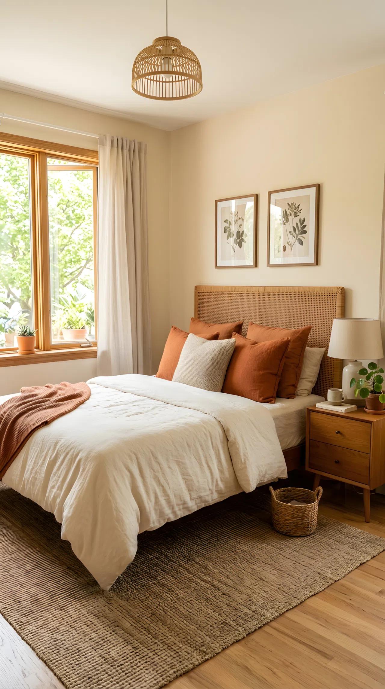 Real-life bedroom photo with a woven rattan headboard, terracotta throw pillows, jute area rug, warm wood nightstand, soft cream bedding, bright natural daylight streaming through a window, neatly styled and clean, stock photography, warm earthy tones.